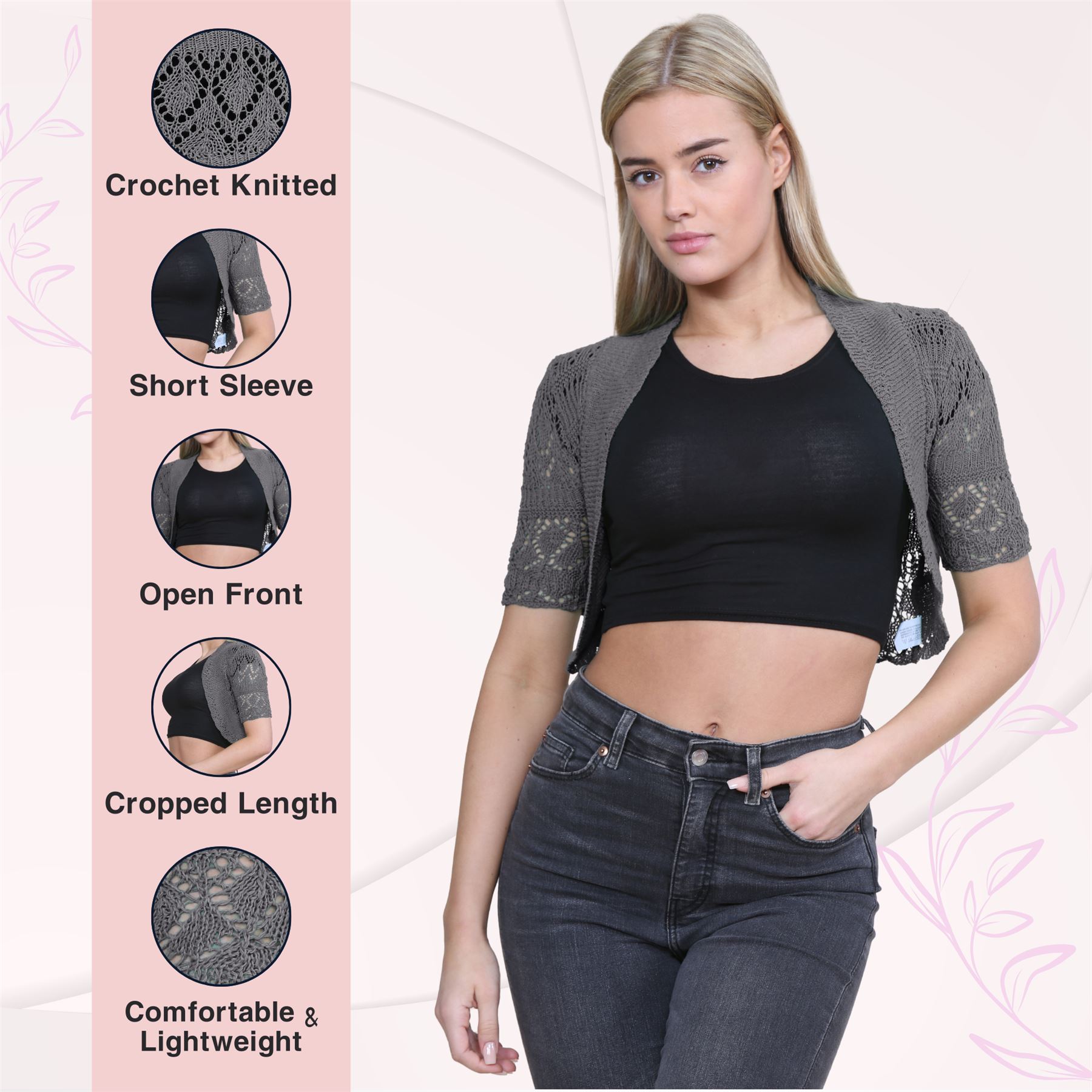Womens Crochet Knitted Bolero Shrug Short Sleeve Open Front Cardigan Crop Top - Picture 35 of 186