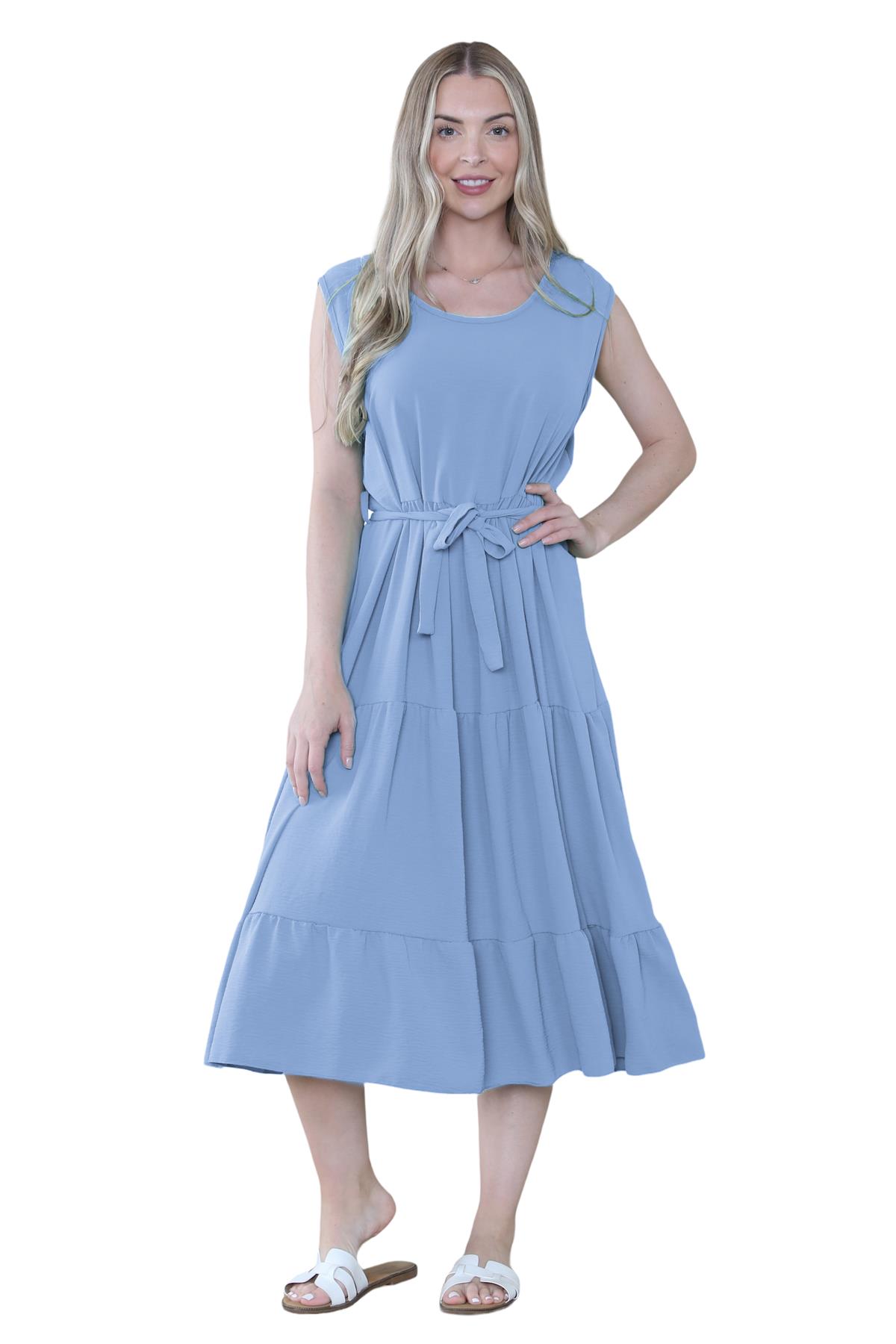 Womens Italian Smock Dress Sleeveless Belted Midi Dress Plain Frill Summer Dress - Picture 35 of 64