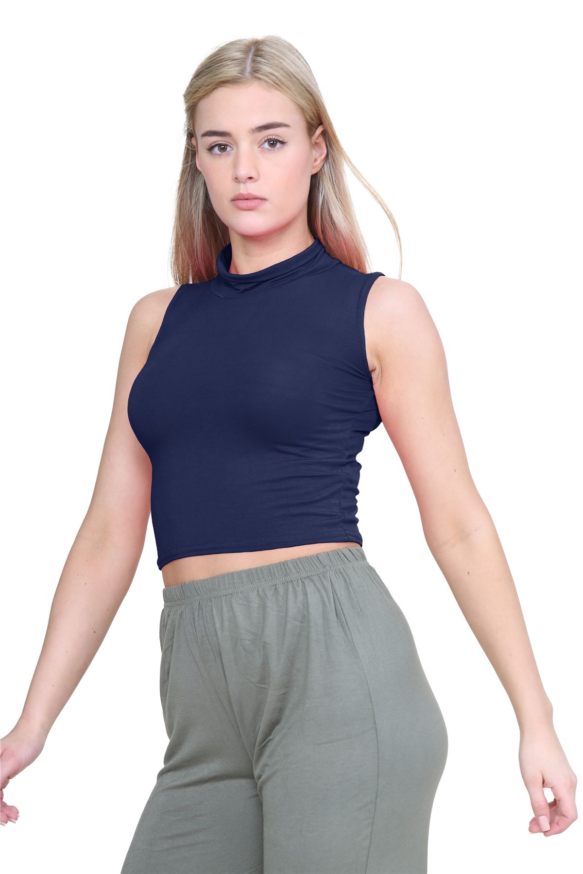 Womens Sleeveless Crop Top Ladies High Turtle Neck Plain Stretchy T-Shirt Vest - Picture 105 of 165
