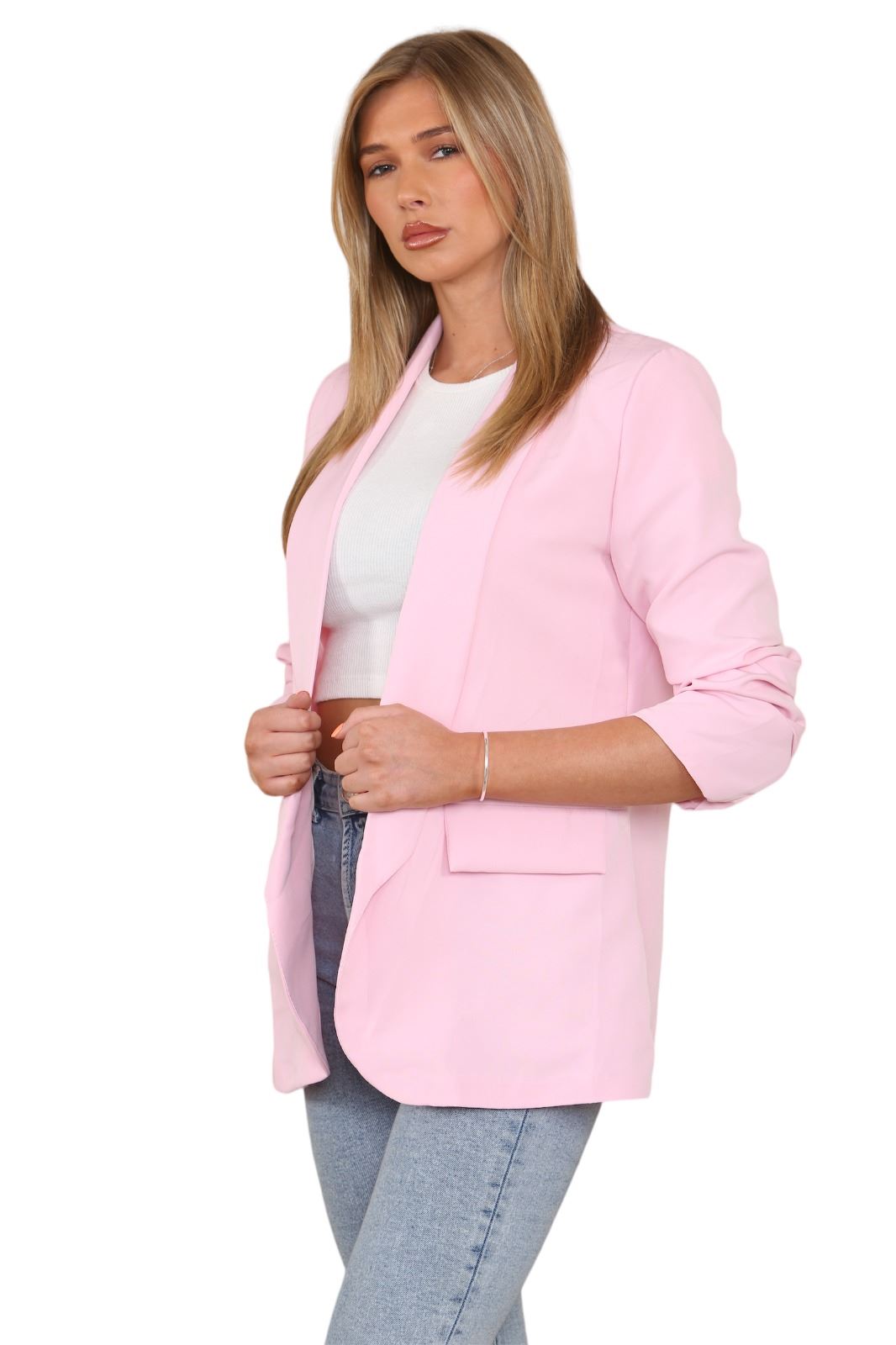 Blazer de manga acanalada para damas totalmente forrado cuello liso informal chaqueta de oficina top - Imagen 3 de 97