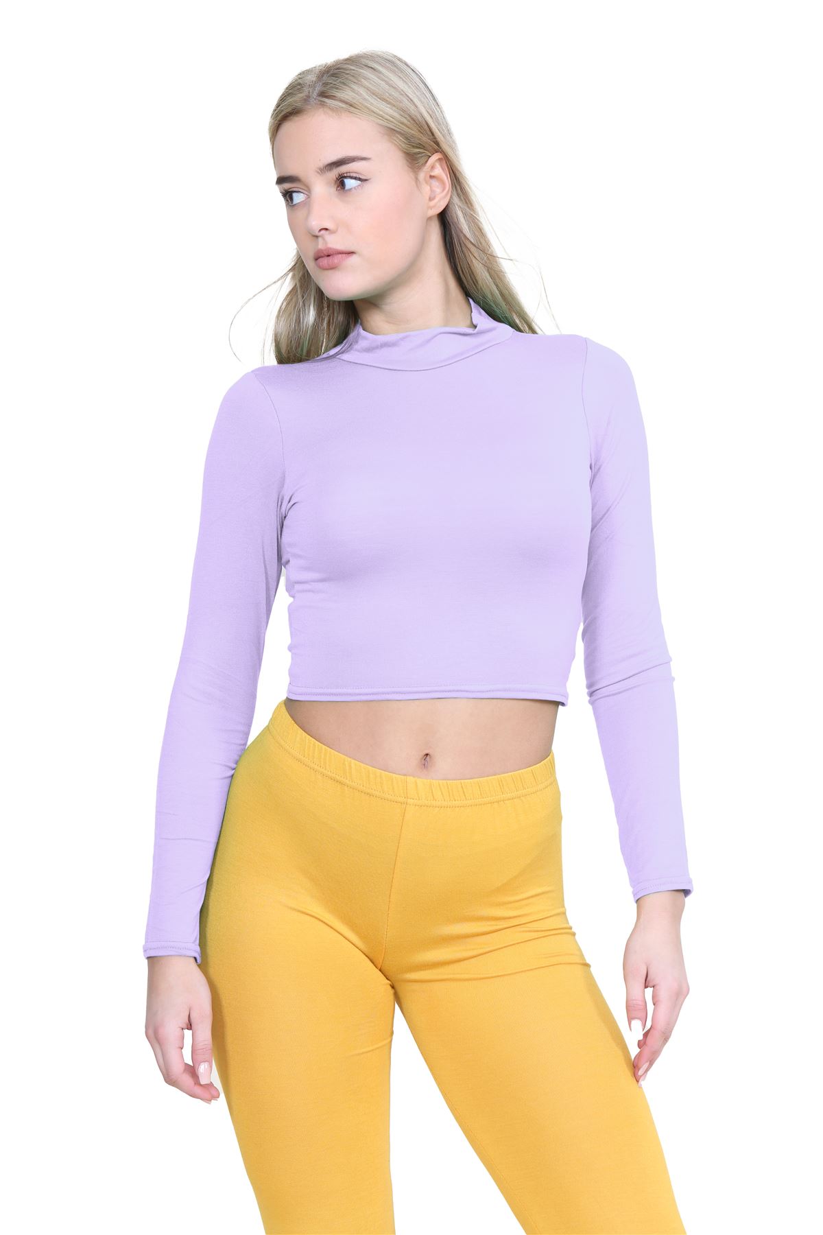 Turtle Neck Crop Top Womens Plain Long Sleeve Stretchy Basic Polo Neck T-Shirt - Picture 50 of 129
