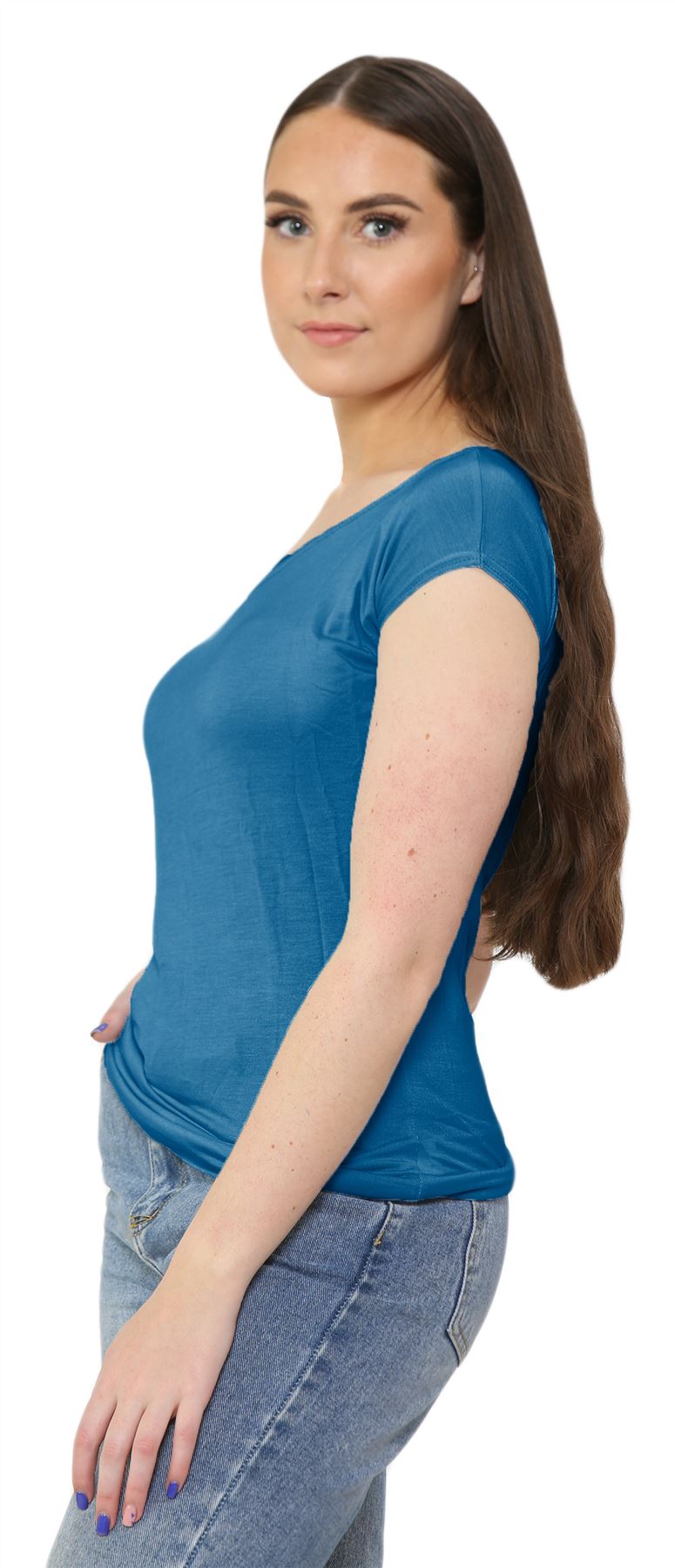 Nuevo Damas Mangas Cortas Hombro Liso Elastizado Calce Ajustado Bardot Camiseta Prenda para el torso - Imagen 52 de 58