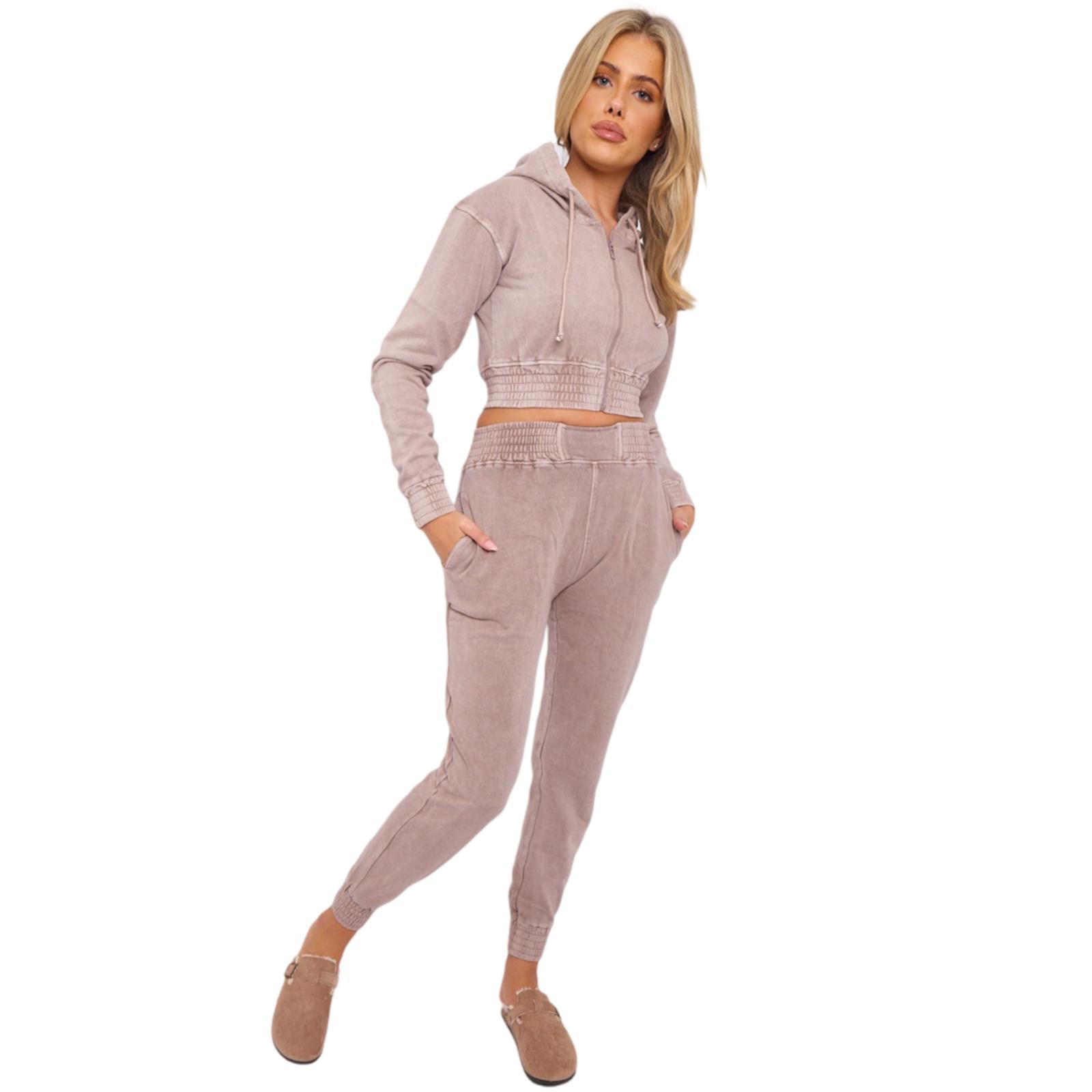 Womens Acid Wash Cropped Zip Hoodie Fleece Joggers Tracksuit 2Pcs Loungewear Set - Picture 22 of 24