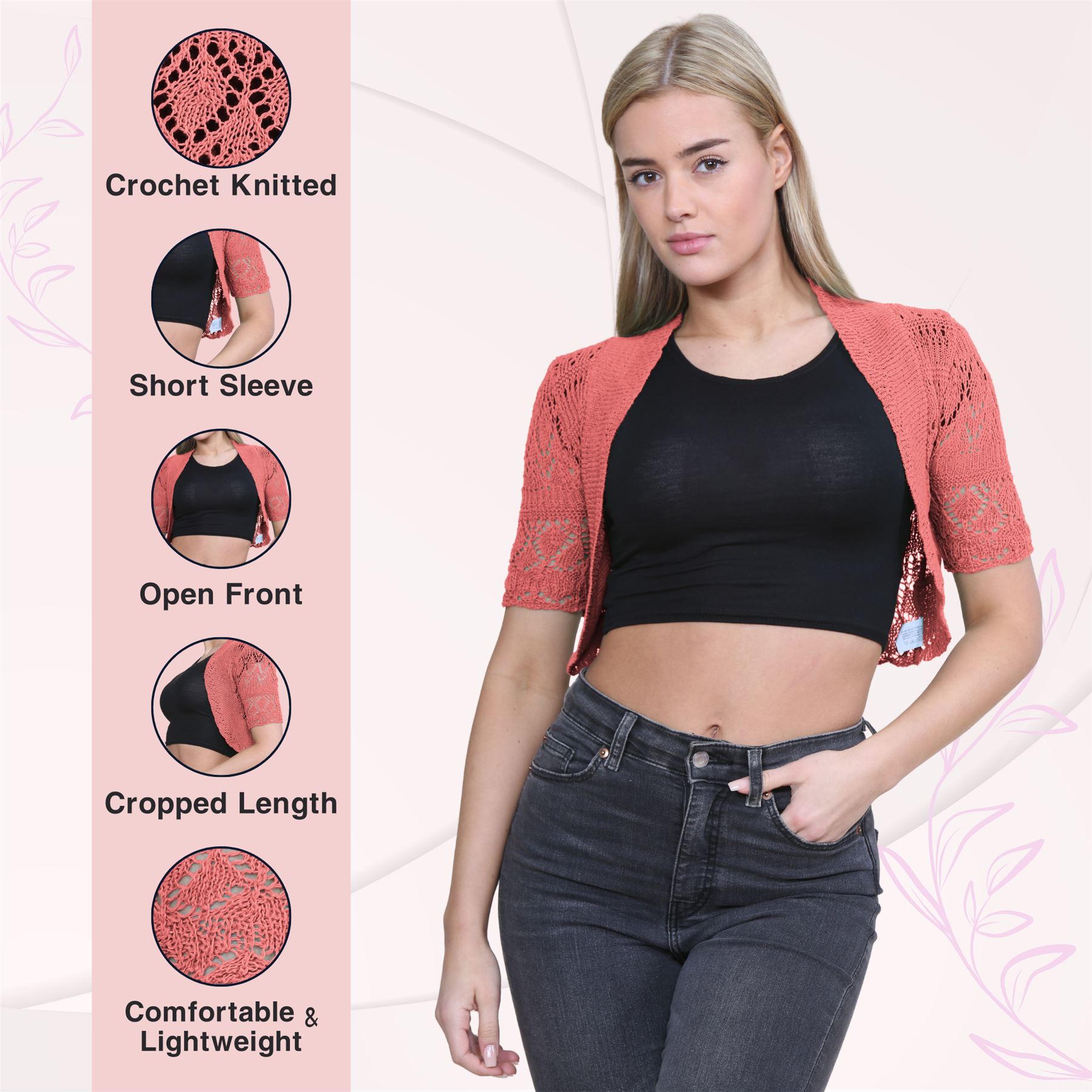 Womens Crochet Knitted Bolero Shrug Short Sleeve Open Front Cardigan Crop Top - Picture 142 of 186
