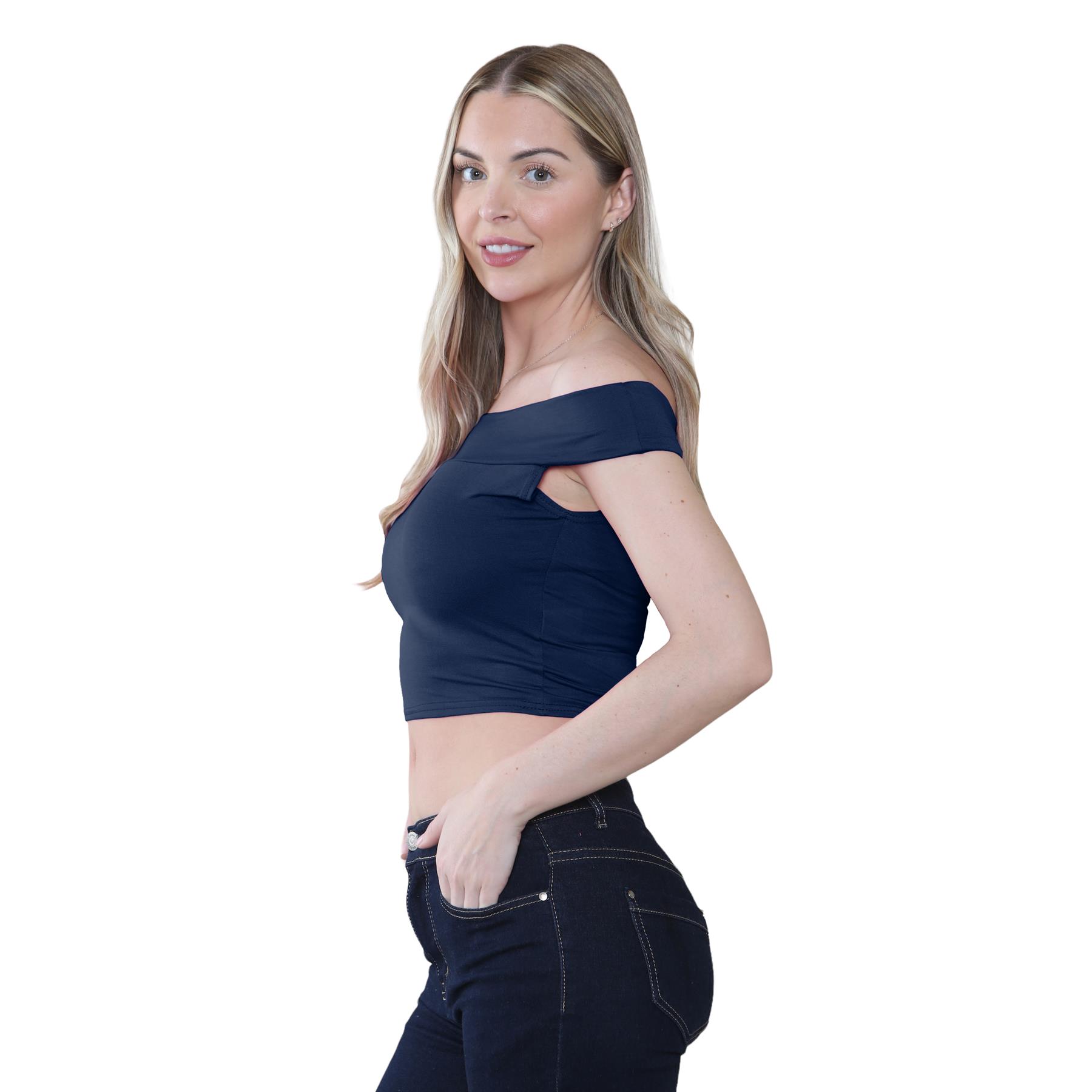 Schulterfreies bauchfreies Damen-T-Shirt Bardot ärmellos schlicht Sommer Freizeit Party - Bild 38 von 71