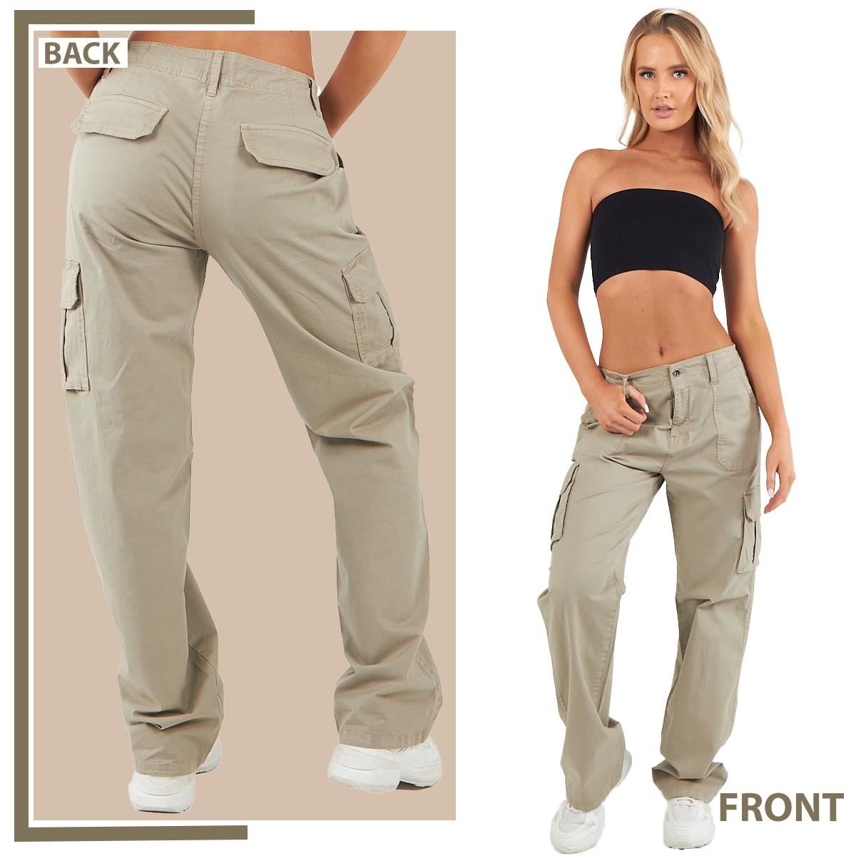 Pantalones de carga de algodón para mujer bolsillos de cintura baja calce suelto pierna ancha pantalones de combate - Imagen 22 de 26