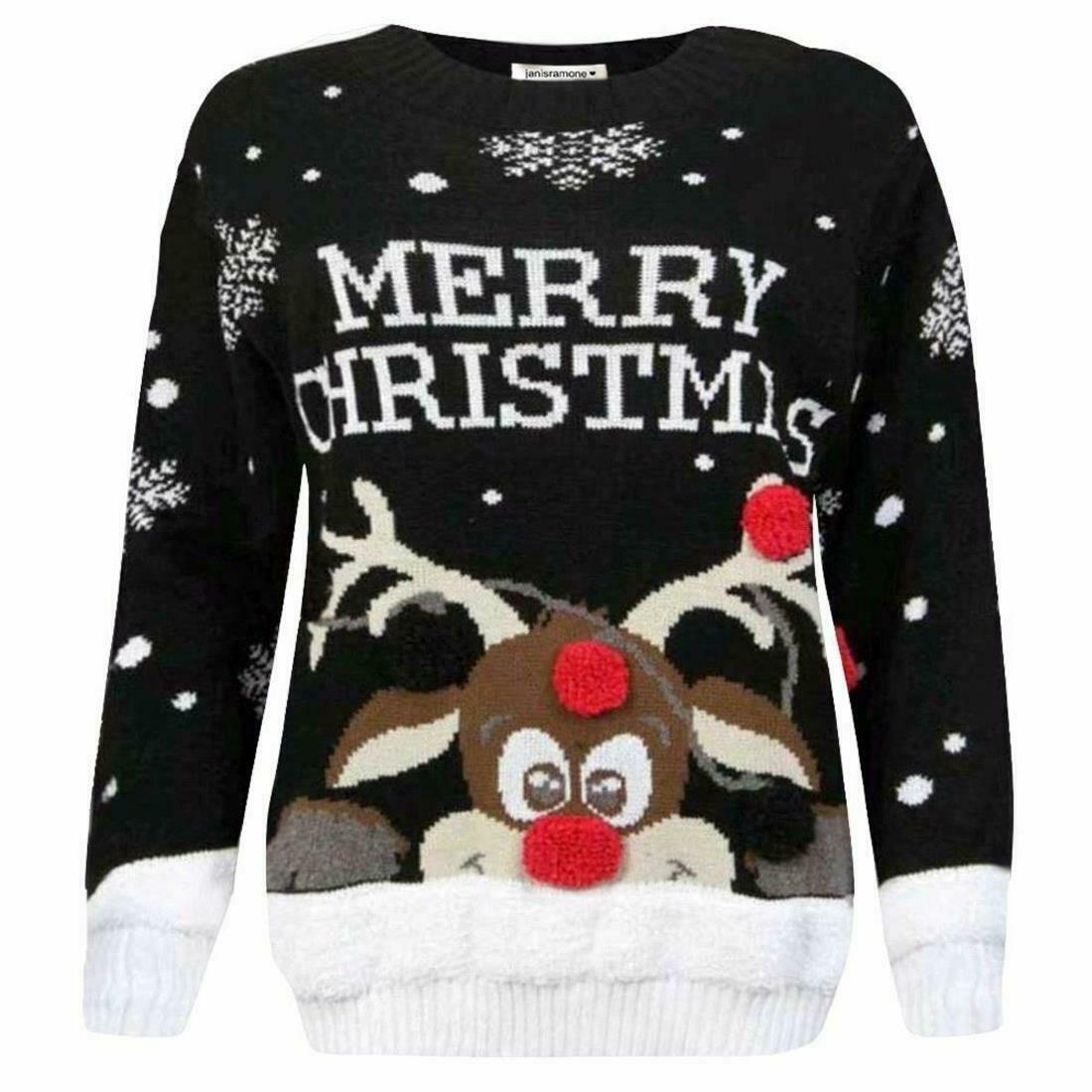Kinder Rudolph Bommel Pullover Xmas Mädchen Jungen Rentier Weihnachten Strickpullover - Bild 2 von 5