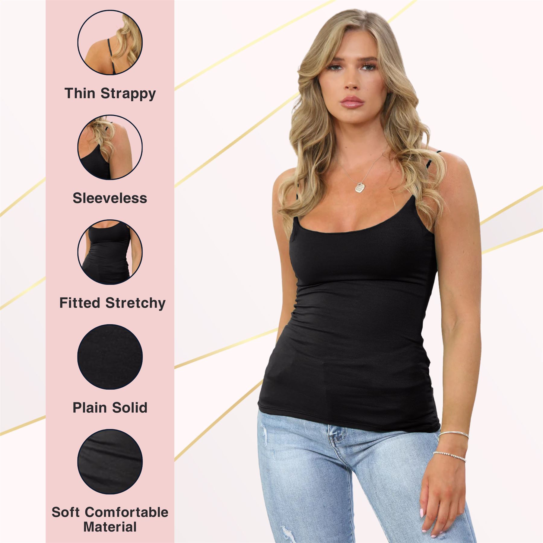 Womens Bodycon Cami Strappy Tank Top Plain Summer Activewear Vest Top, Pack of 3 - Picture 13 of 221