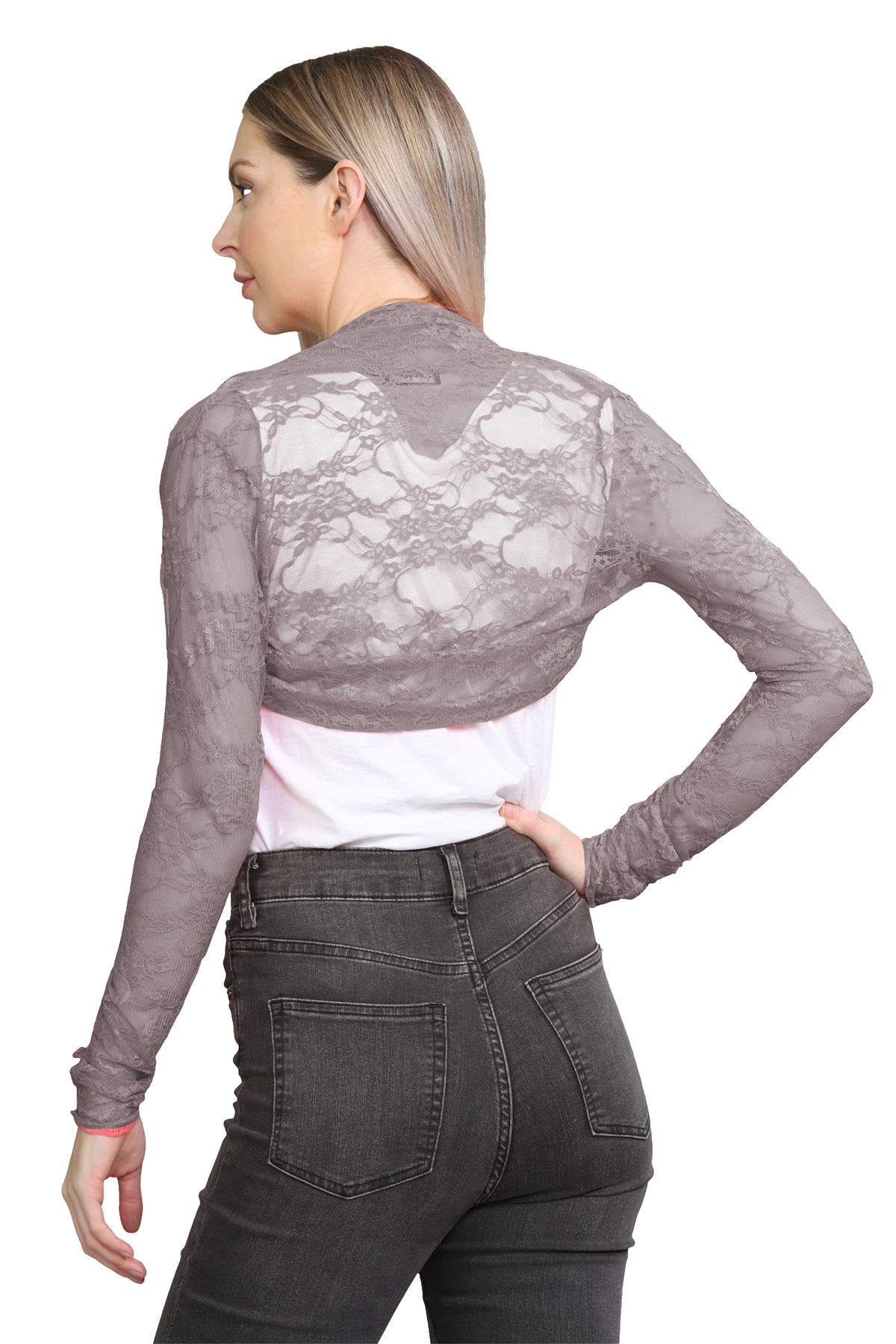 Damen Blumen Spitze Bolero Achselzucken vorne offen lange Ärmel Cropped Cardigan Top - Bild 28 von 79