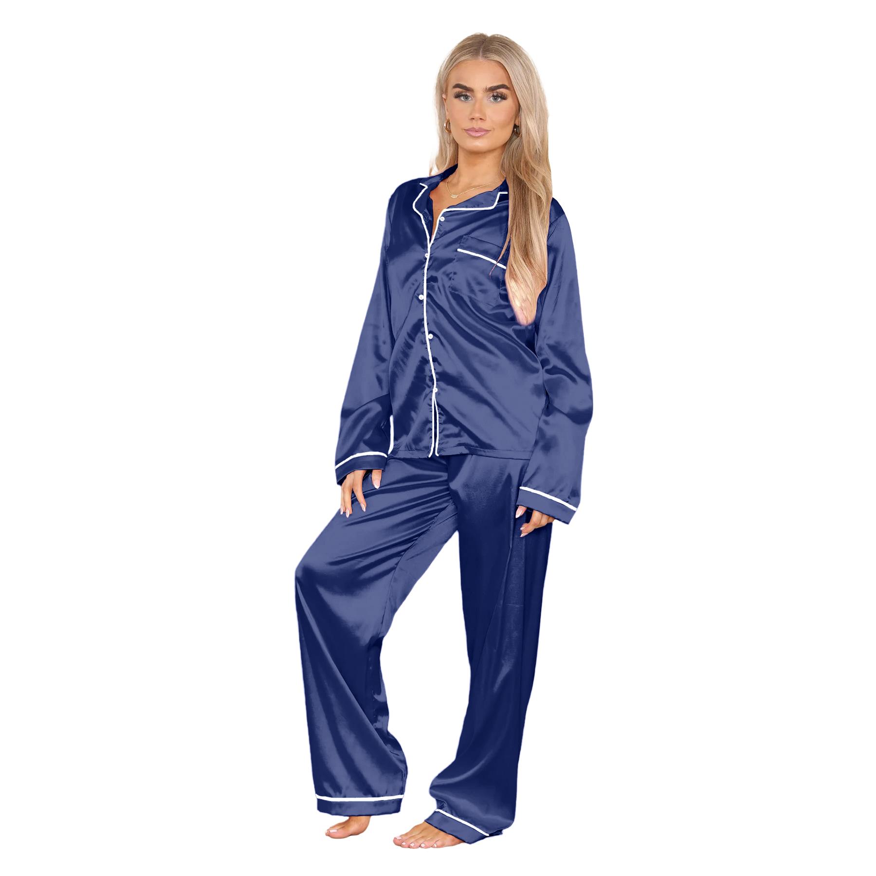 Conjunto de 2 piezas de pijama de satén de manga larga con botones camisa pantalón para damas - Imagen 33 de 43
