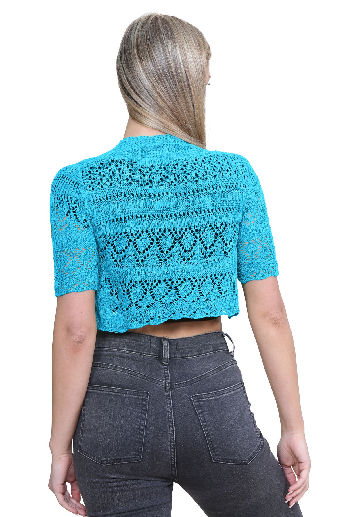Womens Crochet Knitted Bolero Shrug Short Sleeve Open Front Cardigan Crop Top - Picture 165 of 186