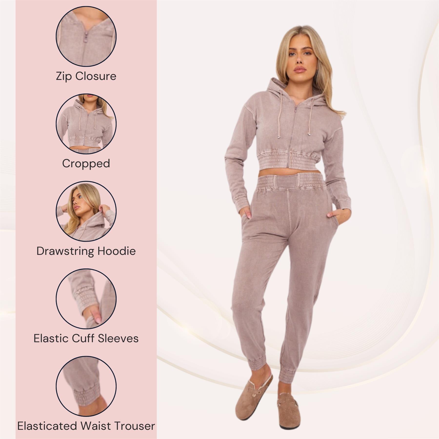 Womens Acid Wash Cropped Zip Hoodie Fleece Joggers Tracksuit 2Pcs Loungewear Set - Picture 24 of 24
