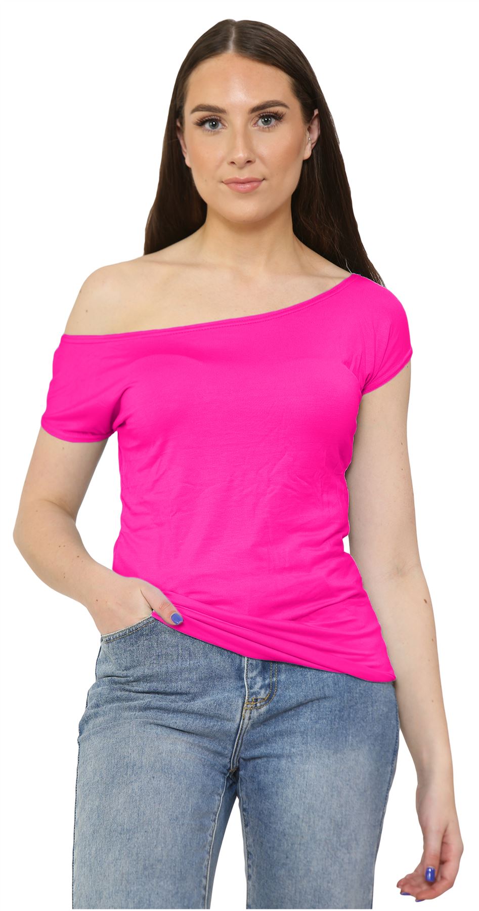 Nuevo Damas Mangas Cortas Hombro Liso Elastizado Calce Ajustado Bardot Camiseta Prenda para el torso - Imagen 26 de 58