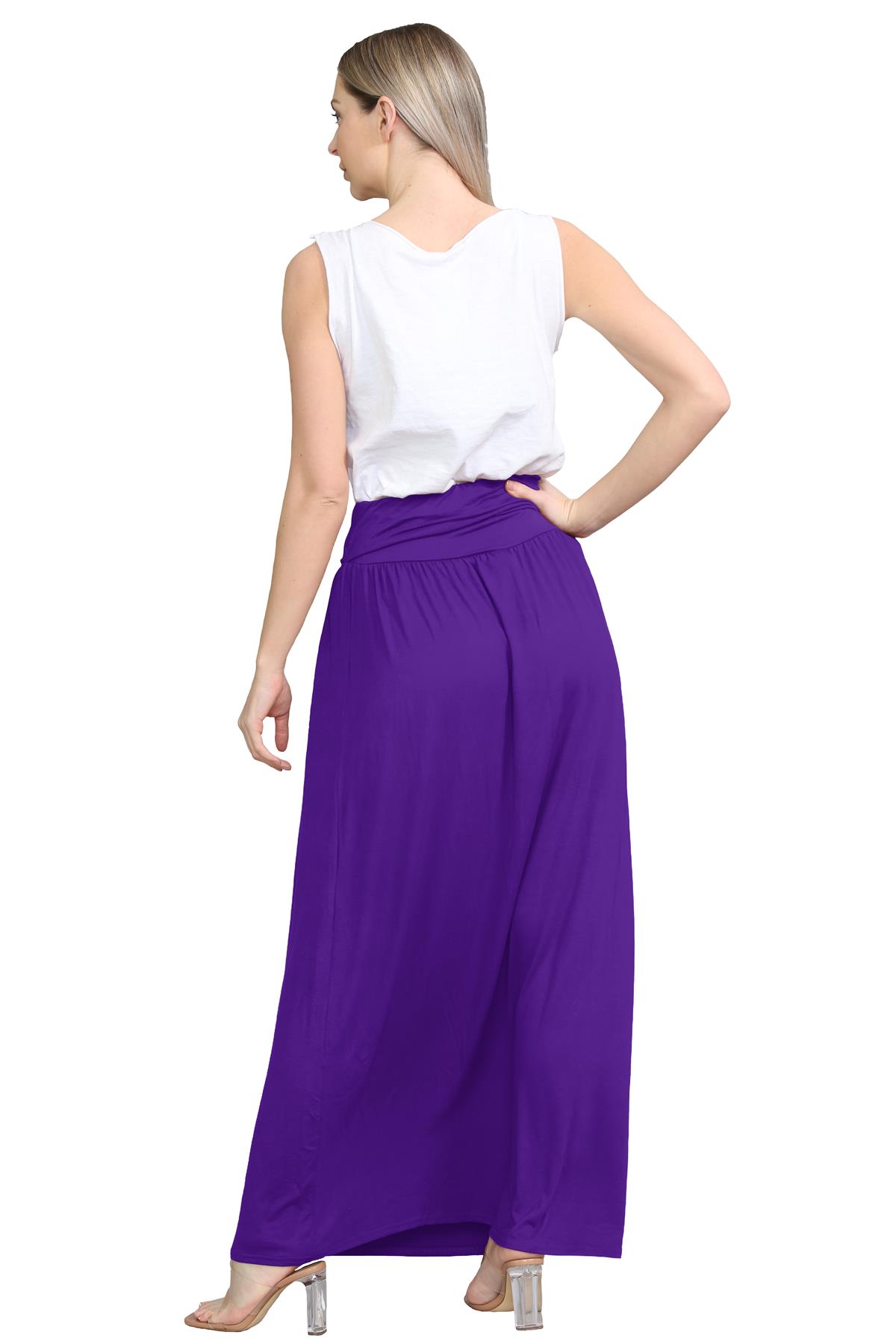 Womens Fold Over Maxi Skirt Plain Pleated Waist Jersey Summer Gypsy Long Skirt - Picture 41 of 68