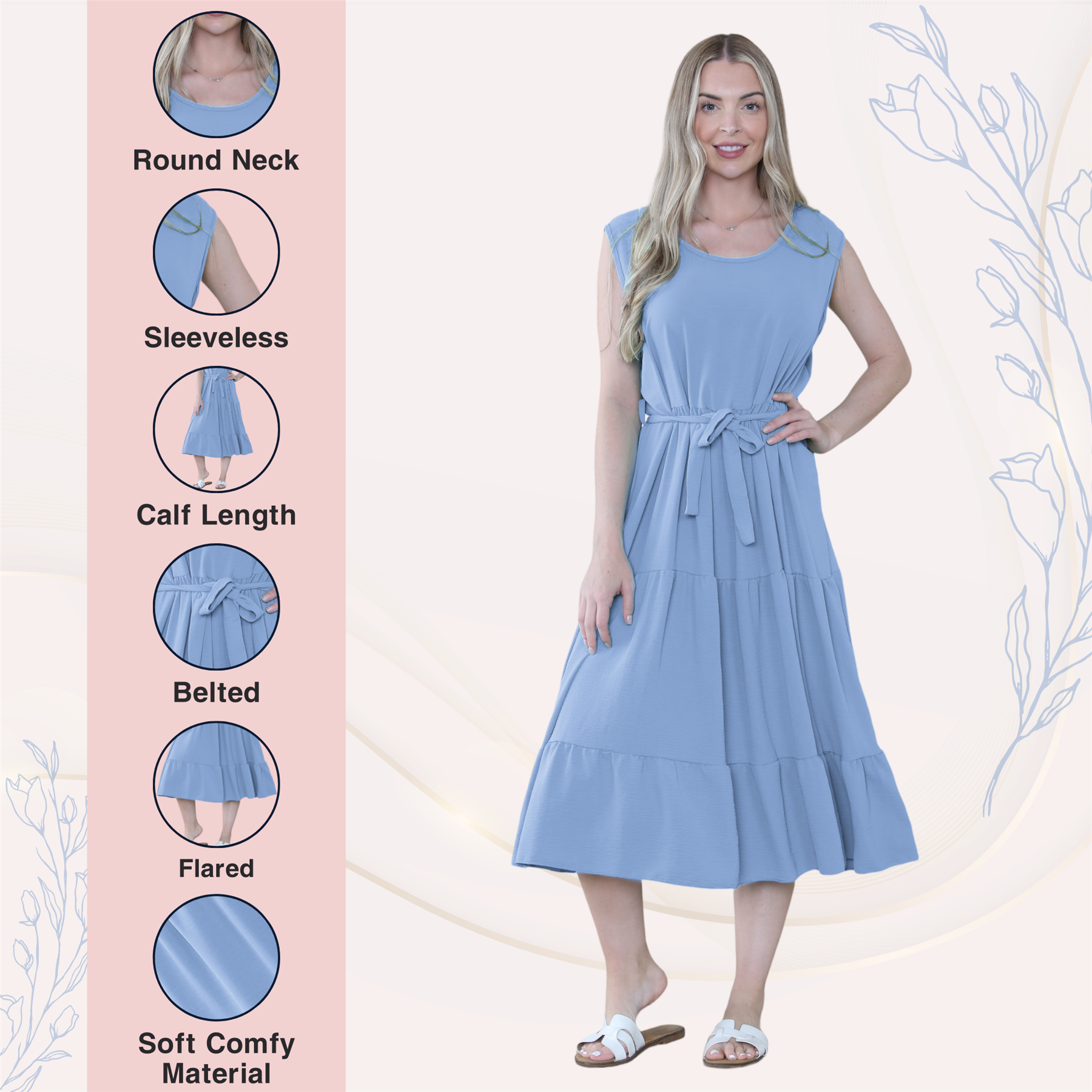 Womens Italian Smock Dress Sleeveless Belted Midi Dress Plain Frill Summer Dress - Picture 38 of 64