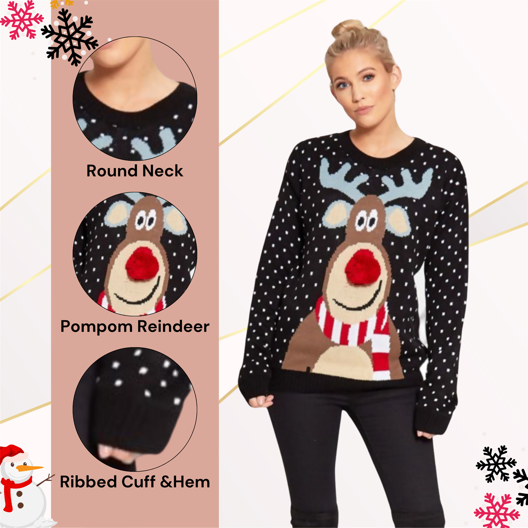 Christmas Reindeer Jumper Womens Knitted Funny Xmas Sweater Unisex Retro Jumpers - Picture 40 of 128