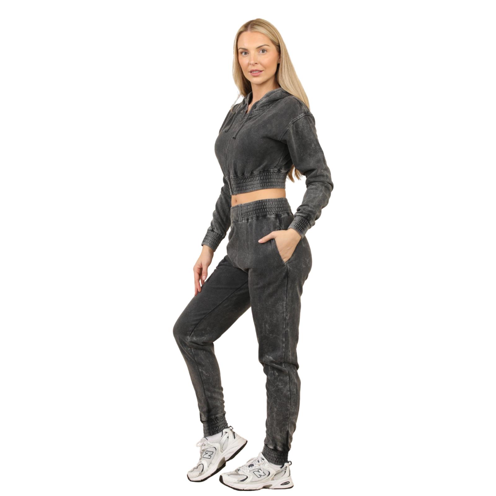 Womens Acid Wash Cropped Zip Hoodie Fleece Joggers Tracksuit 2Pcs Loungewear Set - Picture 15 of 24