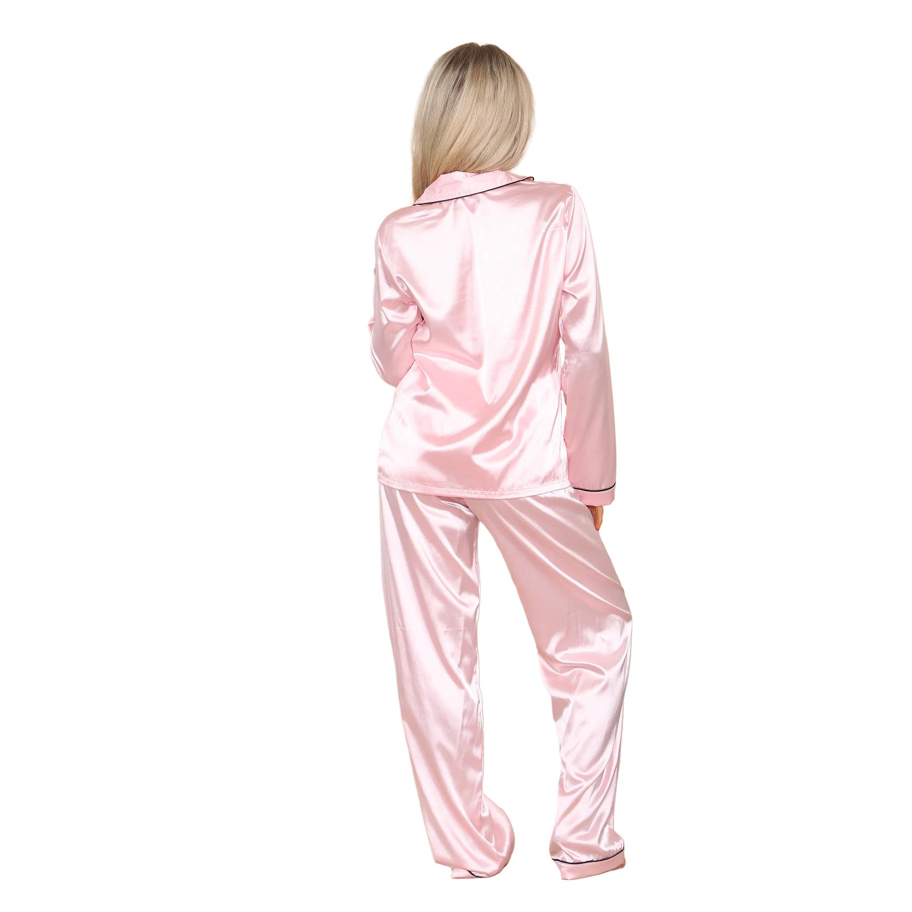 Conjunto de 2 piezas de pijama de satén de manga larga con botones camisa pantalón para damas - Imagen 4 de 43