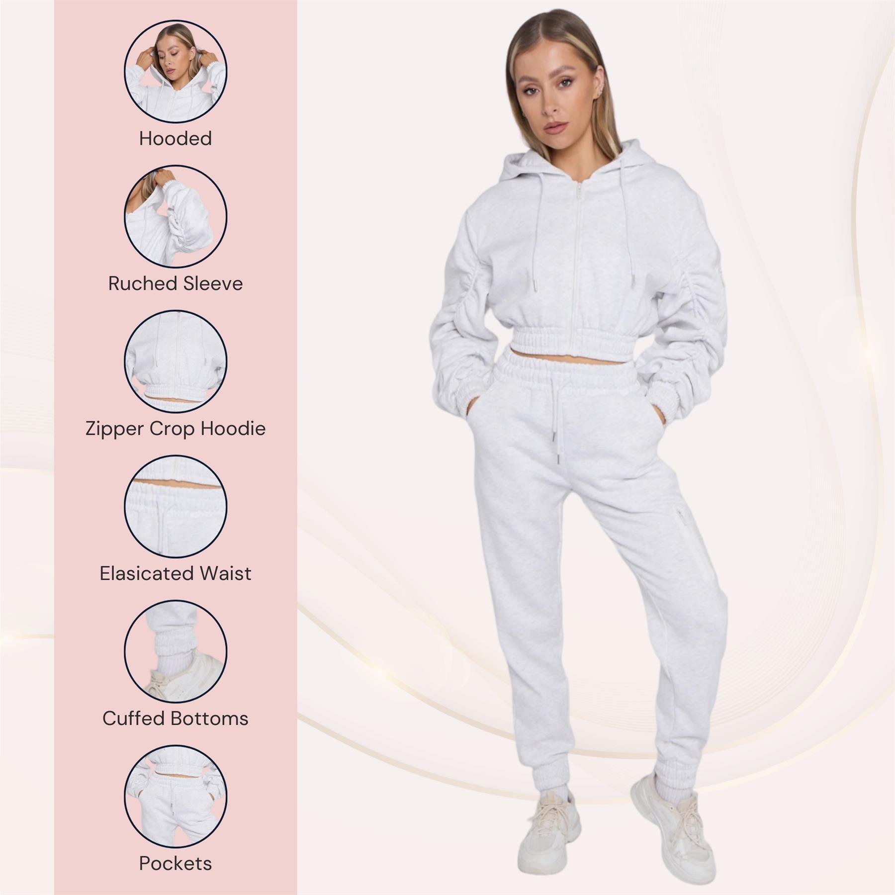 Damas Traje de chándal 2 piezas Juego de salón Mangas fruncidas Sudadera con capucha recortadas Ropa de salón - Imagen 32 de 44