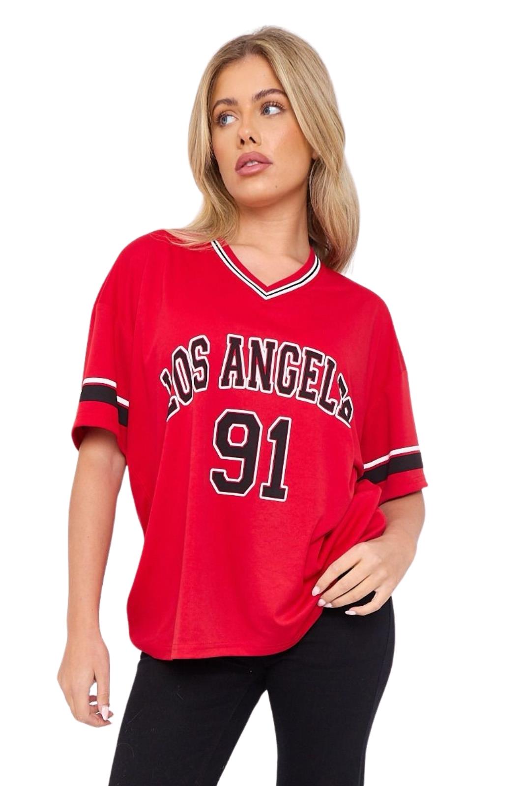 Camiseta de mujer de gran tamaño cuello en V LA 91 fútbol americano universitario holgada verano top - Imagen 30 de 50