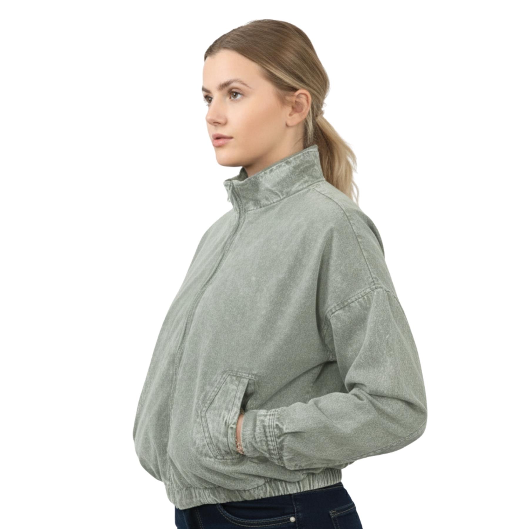 Damen-Bomberjacke Acid Washed lässig Reißverschlusskragen Oberbekleidung kurzer Wintermantel - Bild 9 von 18