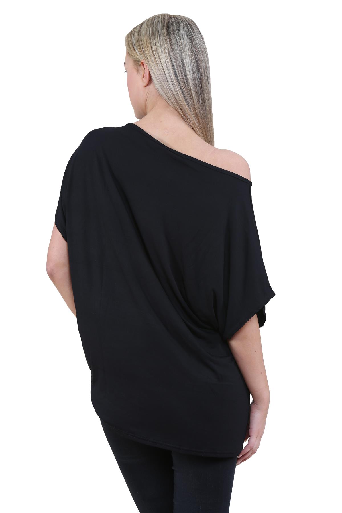 Womens Off Shoulder Top Batwing Sleeve Bardot Oversized T Shirt Plain Summer Top - Picture 156 of 225