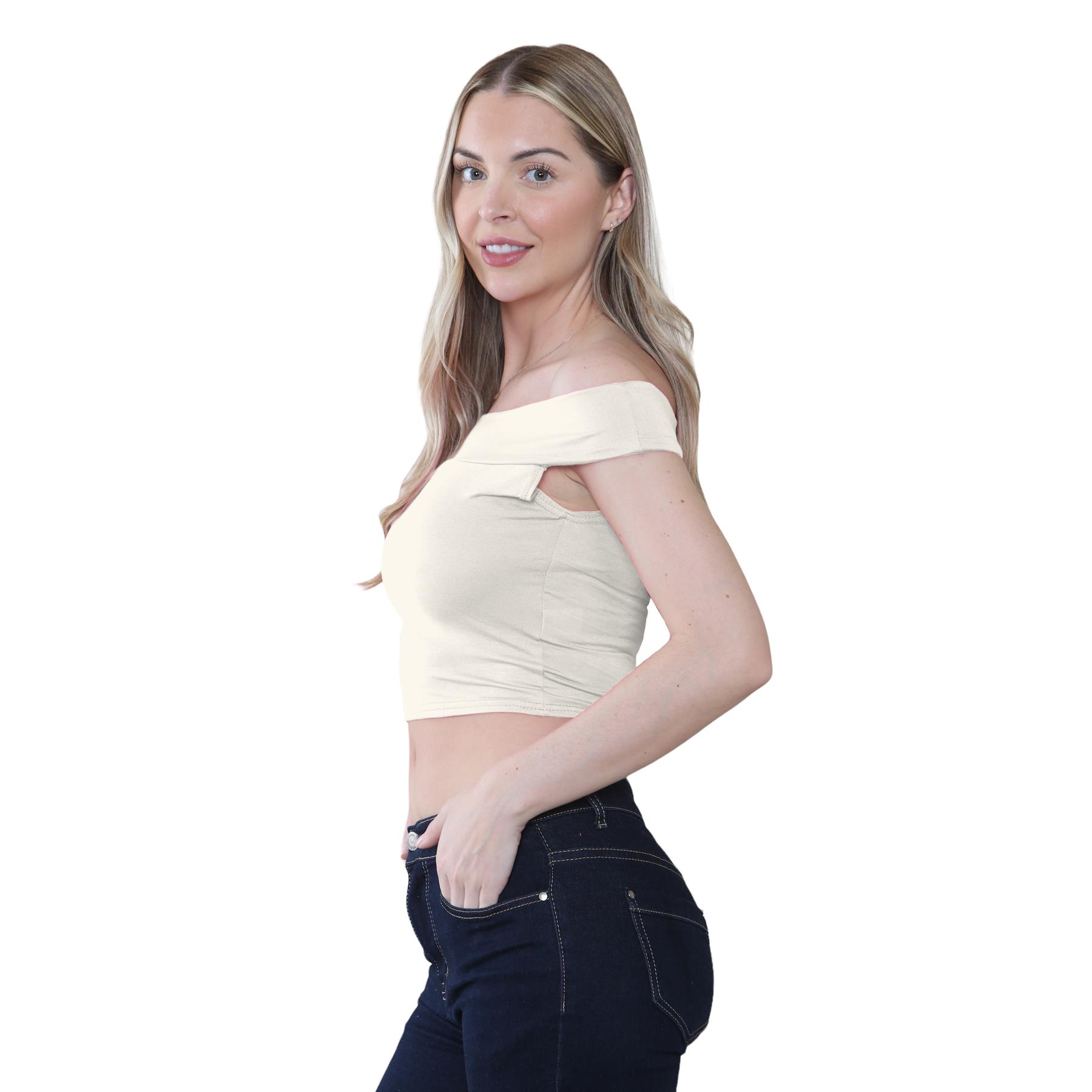Schulterfreies bauchfreies Damen-T-Shirt Bardot ärmellos schlicht Sommer Freizeit Party - Bild 17 von 71