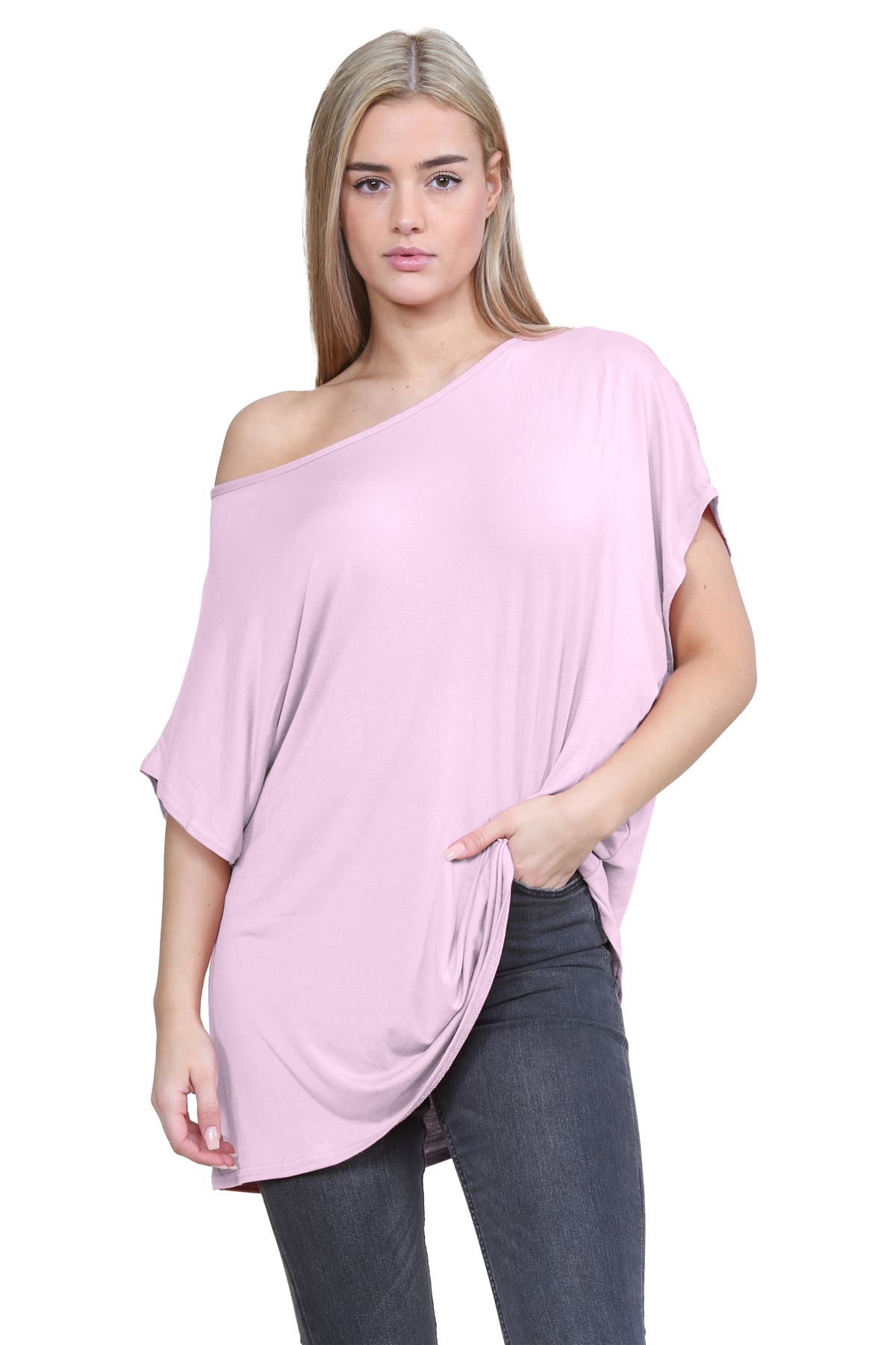 Schulterfreies Damen-T-Shirt Oberteil Fledermausärmel Oversize uni Freizeit Bardot Oberteil - Bild 16 von 225