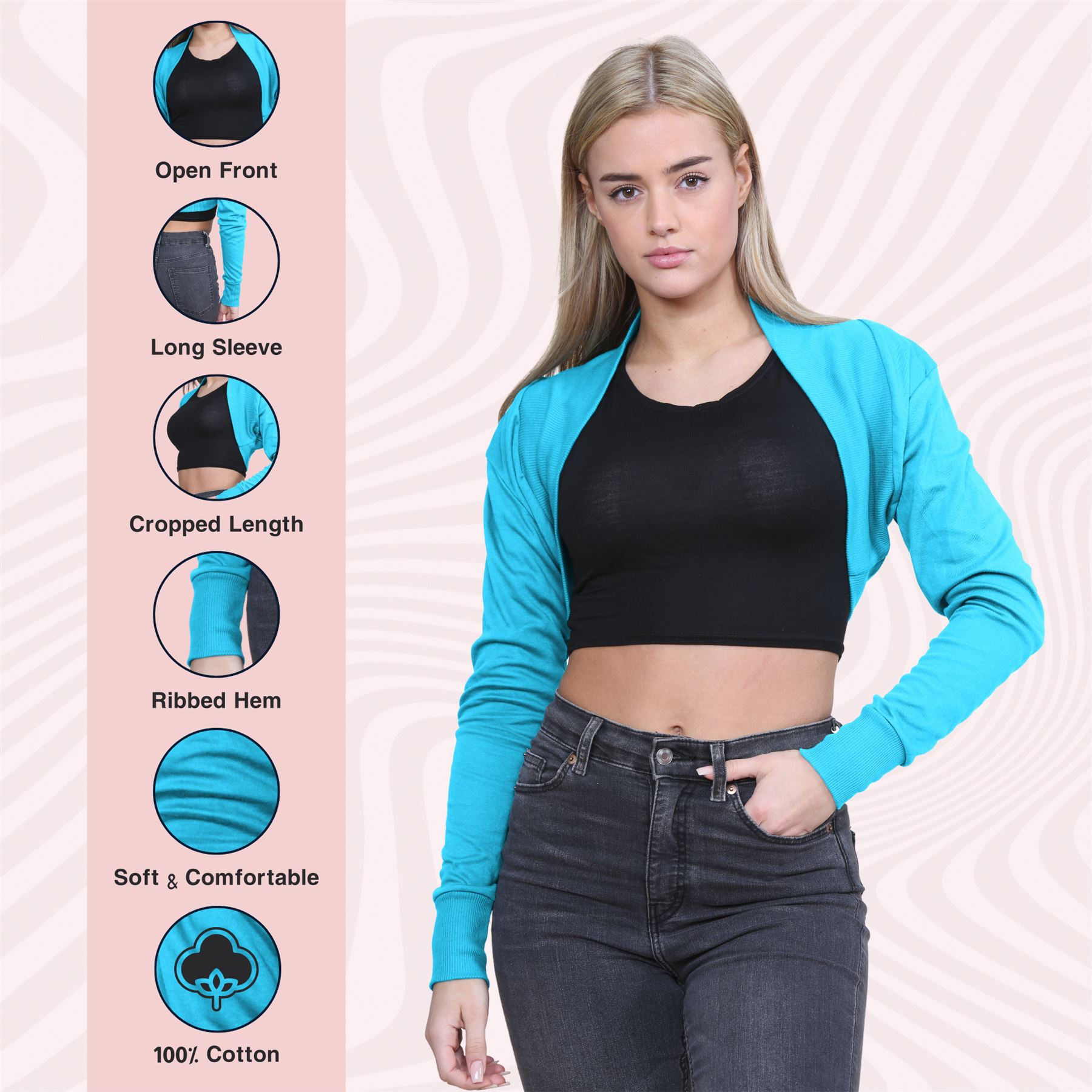 Ladies Long Sleeve Cotton Shrug Plain Open Bolero Cardigan Soft Summer Crop Top - Picture 76 of 84