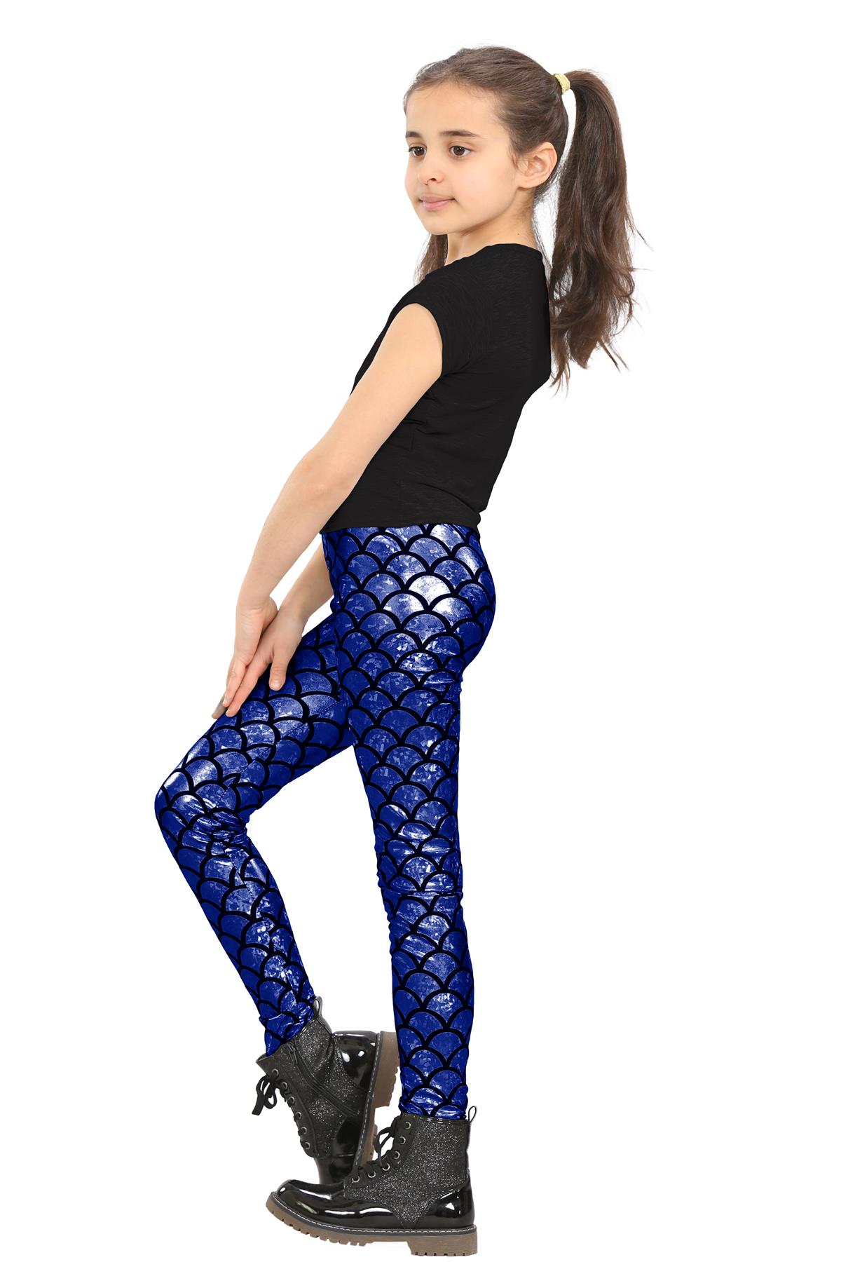 Girls Mermaid Leggings Kids Fish Scale Disco Skinny Shiny Metallic Trouser Pants - Picture 40 of 57