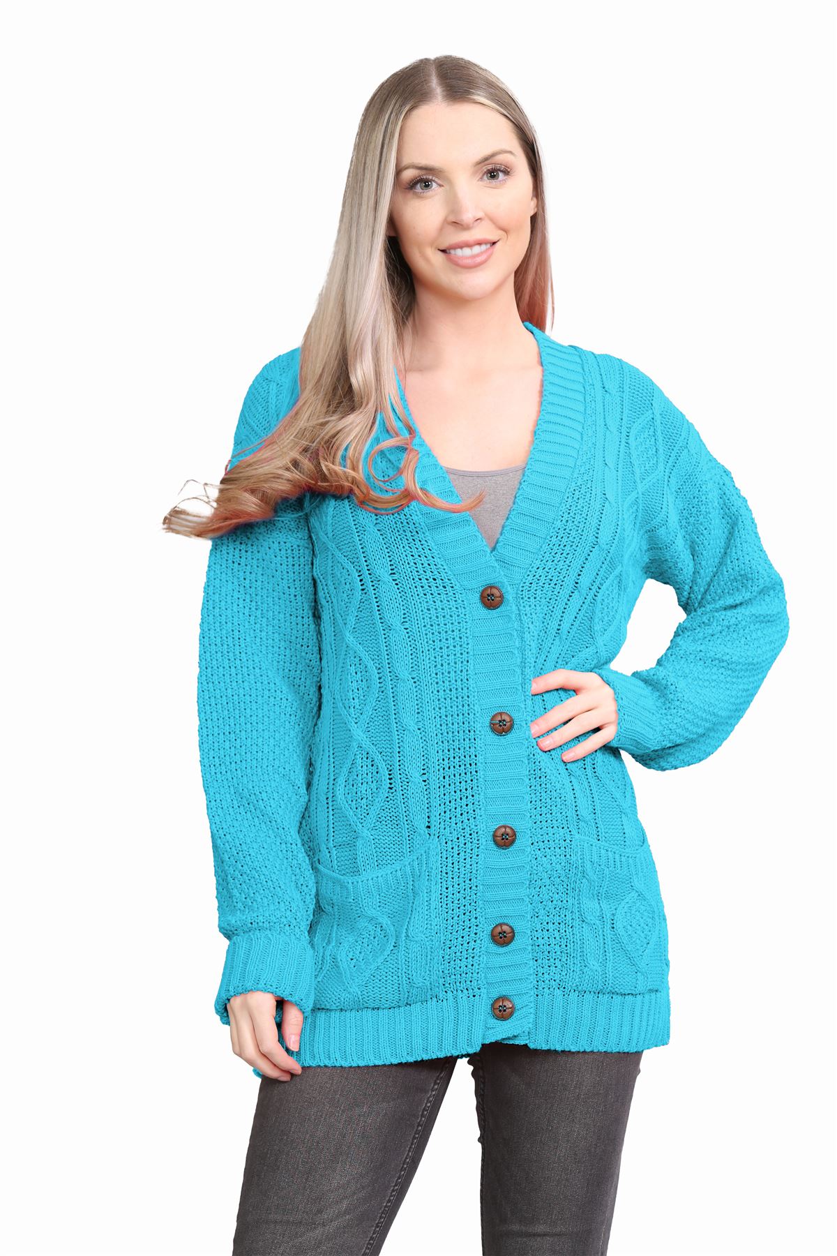 Womens Ladies Chunky Cable Knitted Button Long Sleeve Grandad Cardigan Jumper - Picture 80 of 94