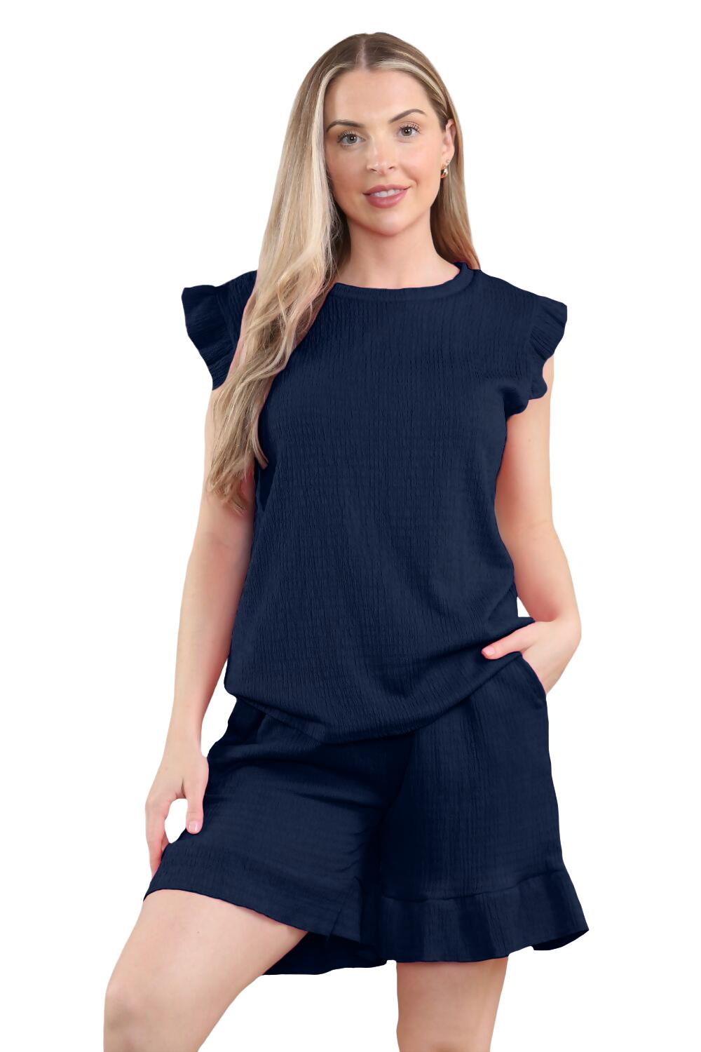 Conjunto corto de 2 piezas italiano para mujer conjunto de ropa de salón de verano con volantes sin mangas - Imagen 32 de 61