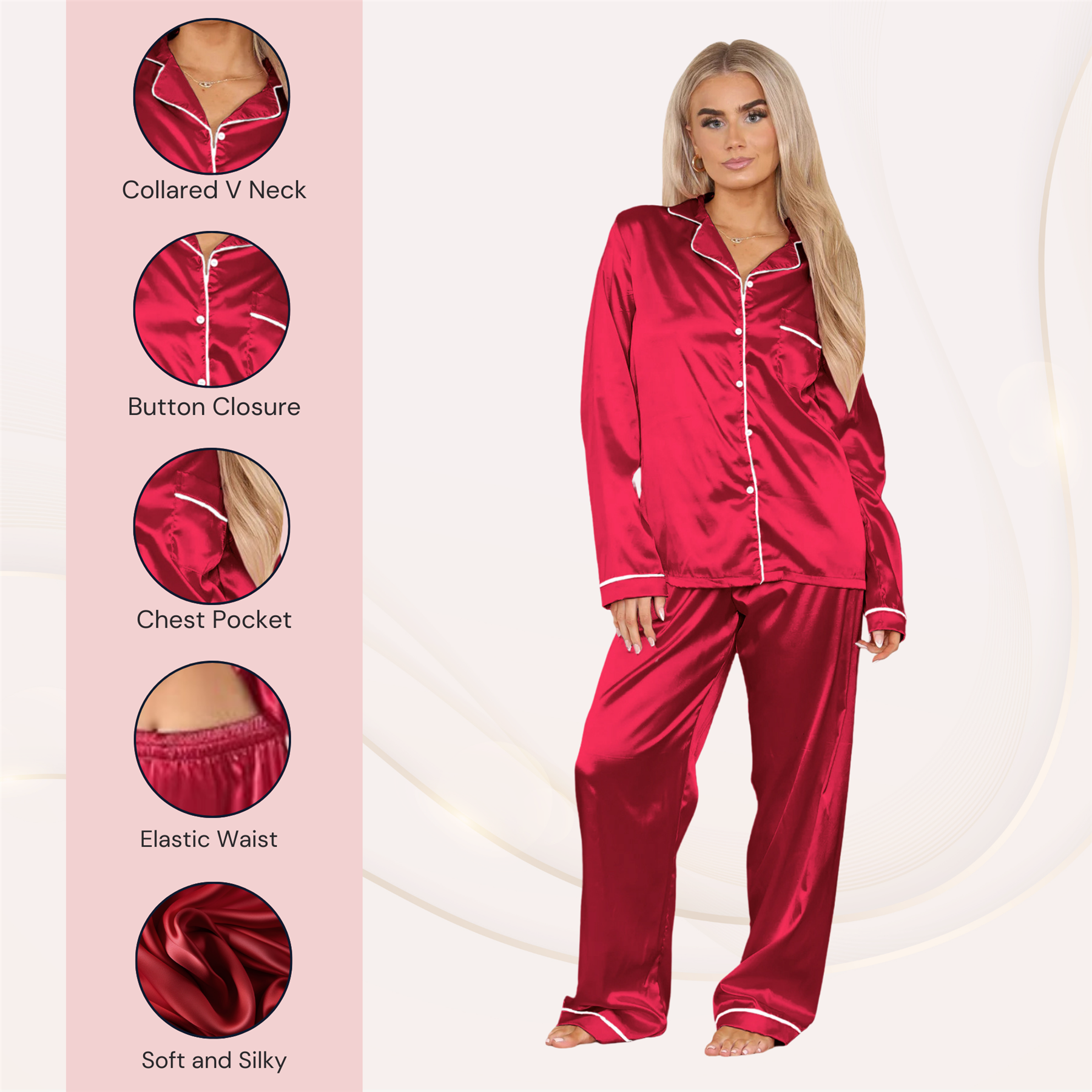 Conjunto de 2 piezas de pijama de satén de manga larga con botones camisa pantalón para damas - Imagen 29 de 43