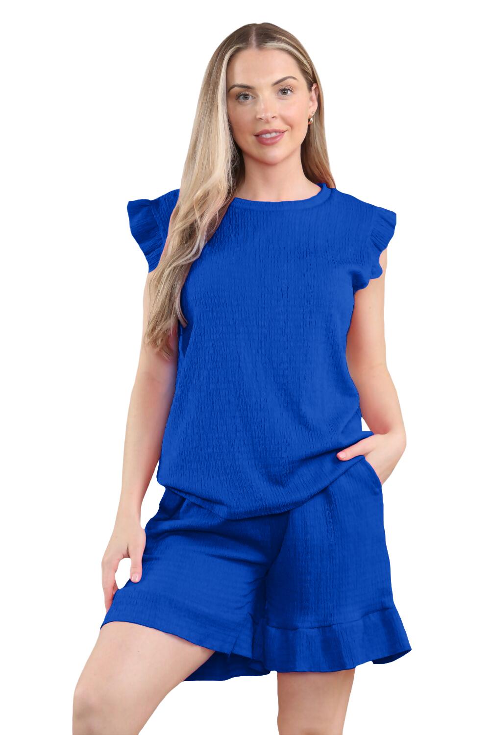 Conjunto corto de 2 piezas italiano para mujer conjunto de ropa de salón de verano con volantes sin mangas - Imagen 44 de 61