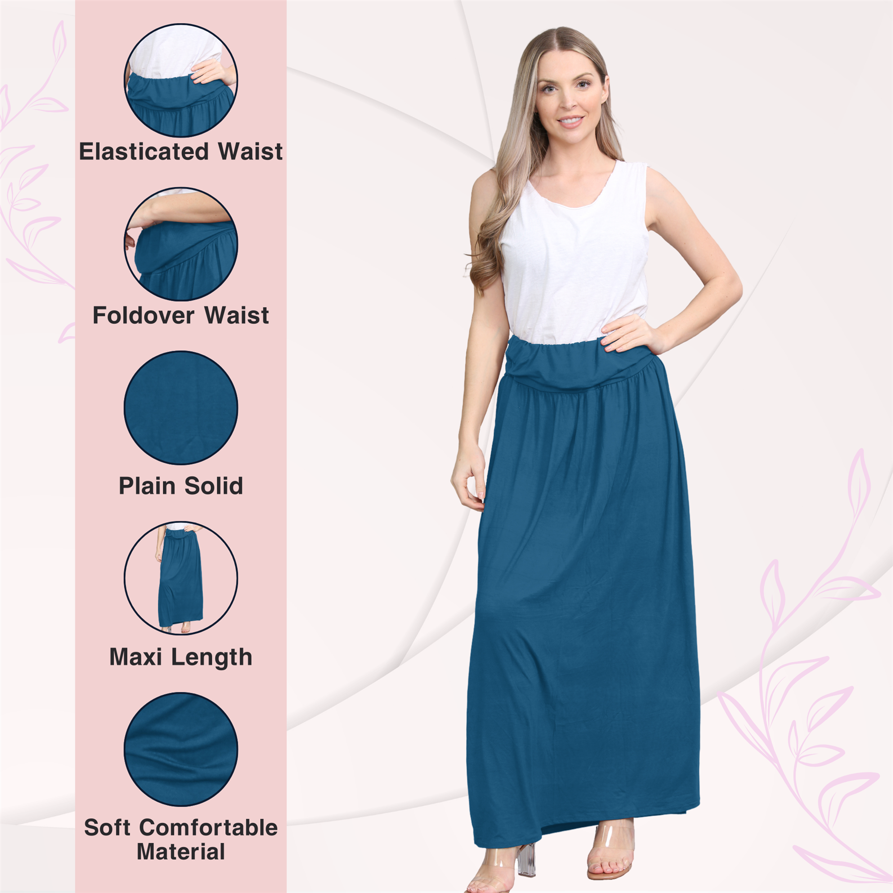 Womens Fold Over Maxi Skirt Plain Pleated Waist Jersey Summer Gypsy Long Skirt - Picture 54 of 68