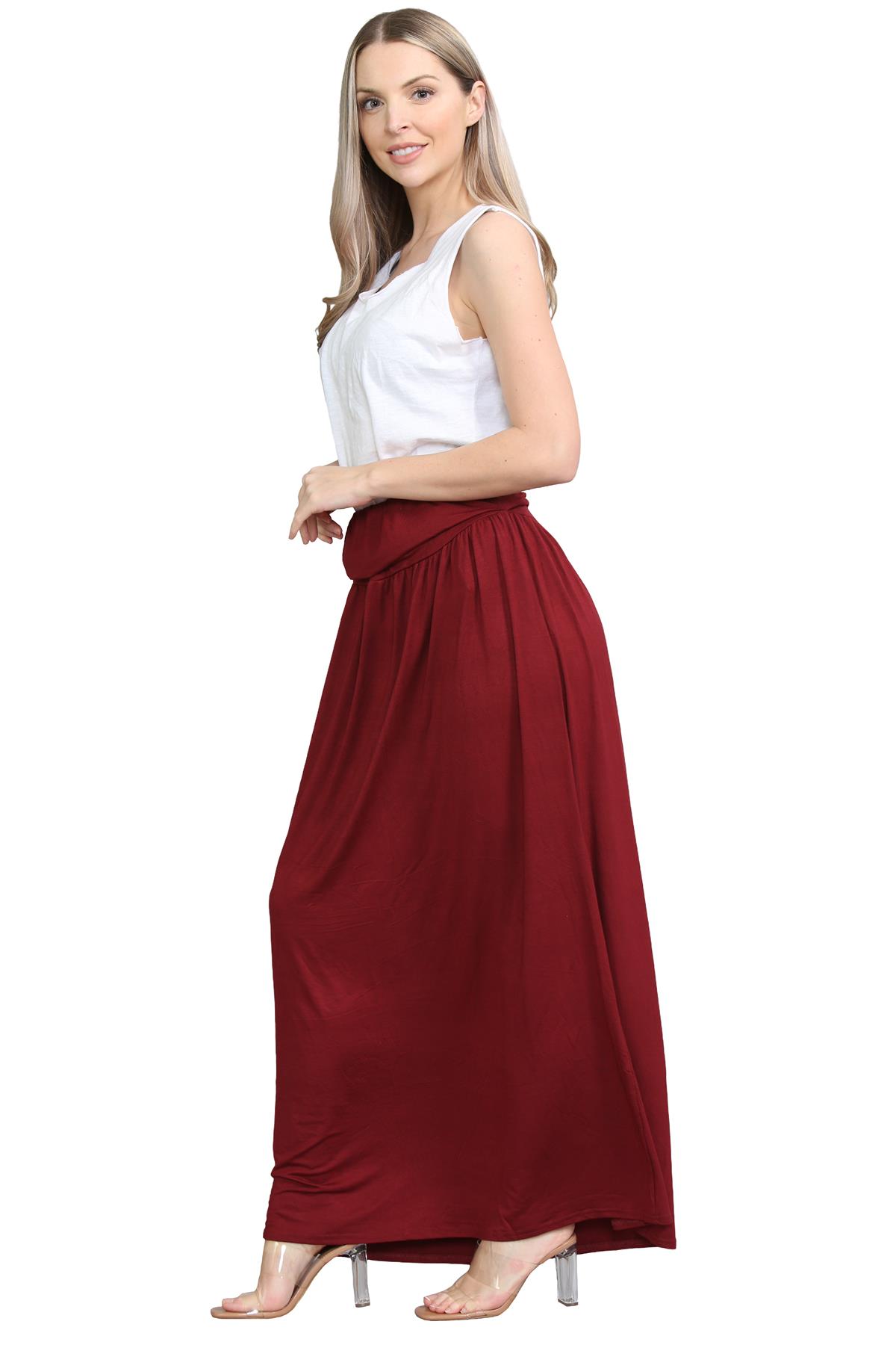 Womens Fold Over Maxi Skirt Plain Pleated Waist Jersey Summer Gypsy Long Skirt - Picture 61 of 68