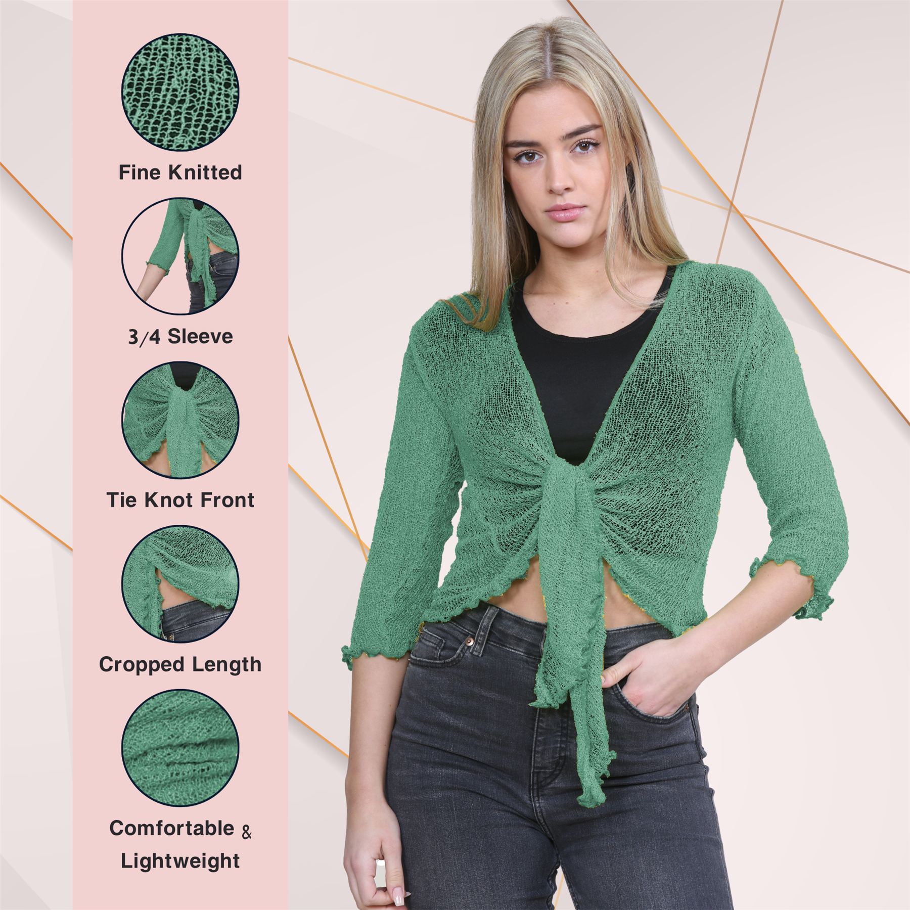 Womens Open Front Tie Up Shrug 3/4 Sleeve Fine Knit Cropped Bolero Cardigan Top - Picture 159 of 211