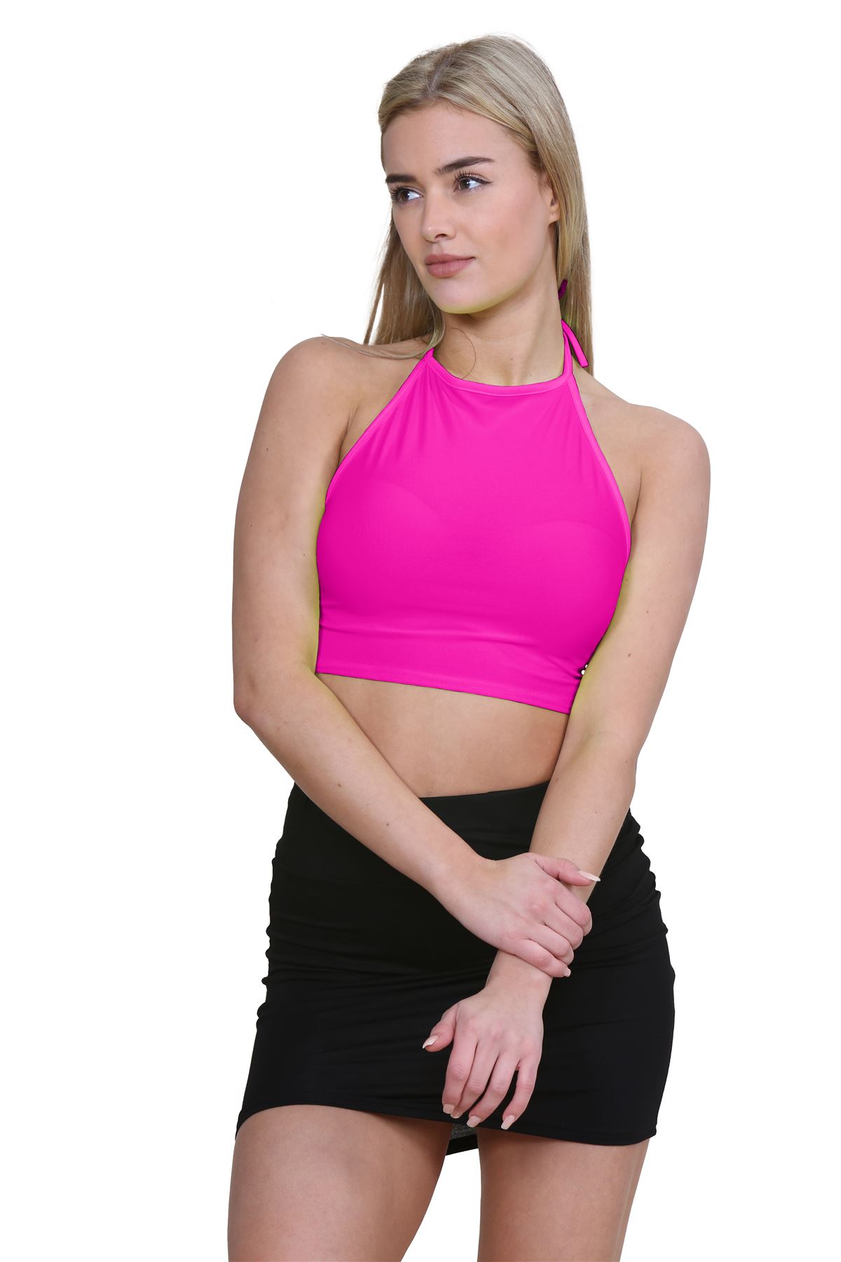 Halter Neck Crop Top Womens Vest Top Plain Tie Knot Top Basic Sleeveless T-Shirt - Picture 97 of 170