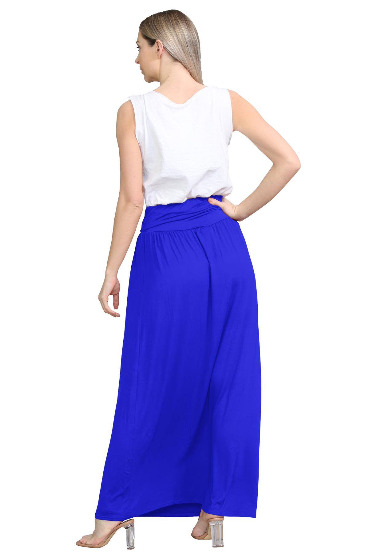 Womens Fold Over Maxi Skirt Plain Pleated Waist Jersey Summer Gypsy Long Skirt - Picture 49 of 68