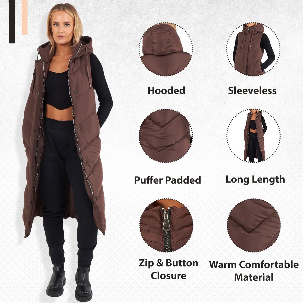 Abrigo de invierno largo acolchado sin mangas calentador de cuerpo con capucha con cremallera larga para mujer - Imagen 13 de 33