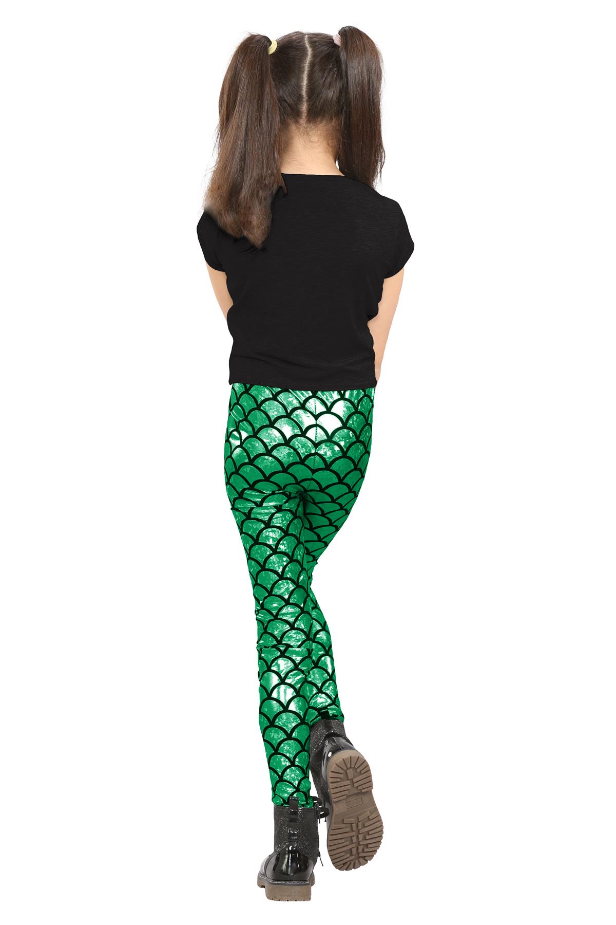 Girls Mermaid Leggings Kids Fish Scale Disco Skinny Shiny Metallic Trouser Pants - Picture 11 of 57