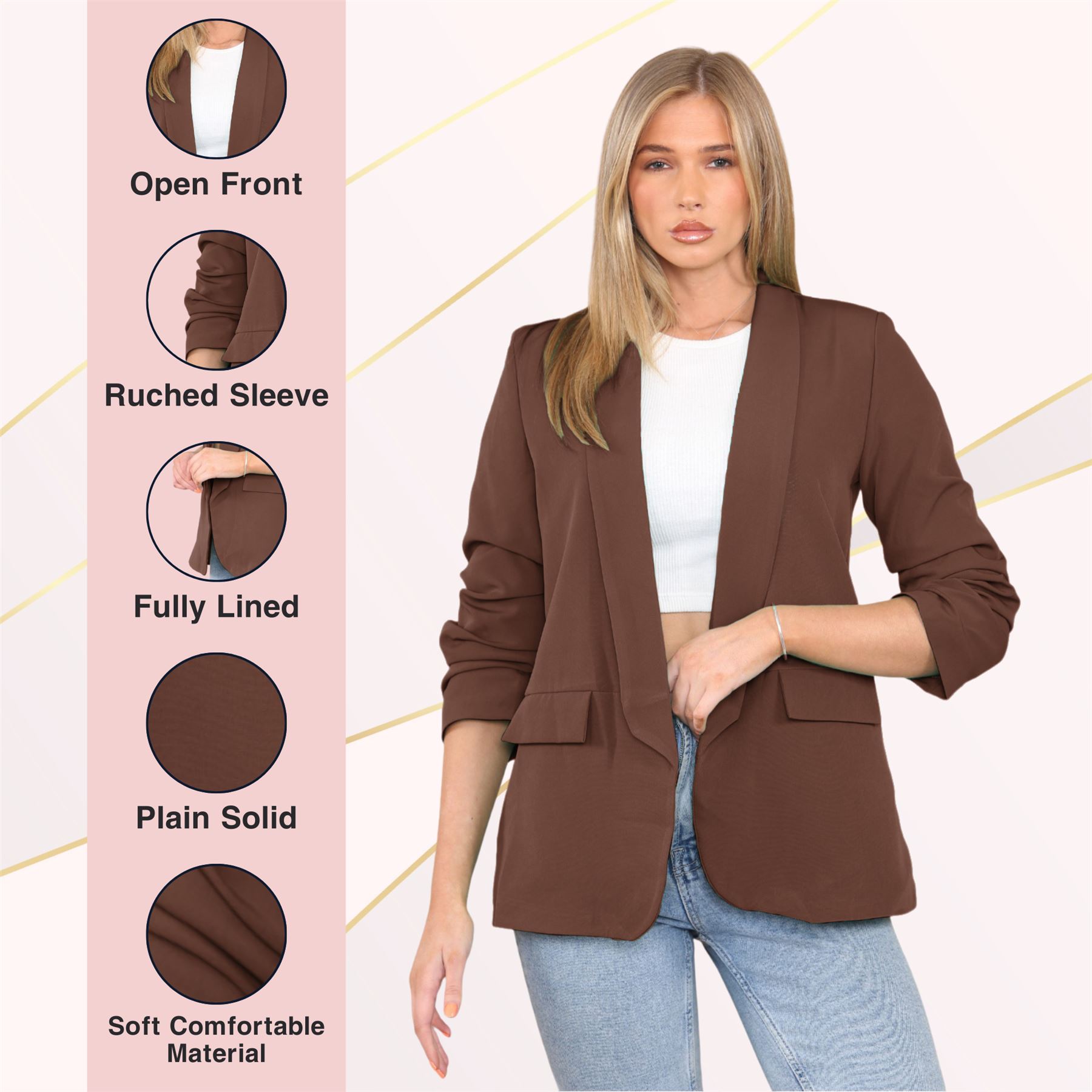 Blazer de manga acanalada para damas totalmente forrado cuello liso informal chaqueta de oficina top - Imagen 14 de 97