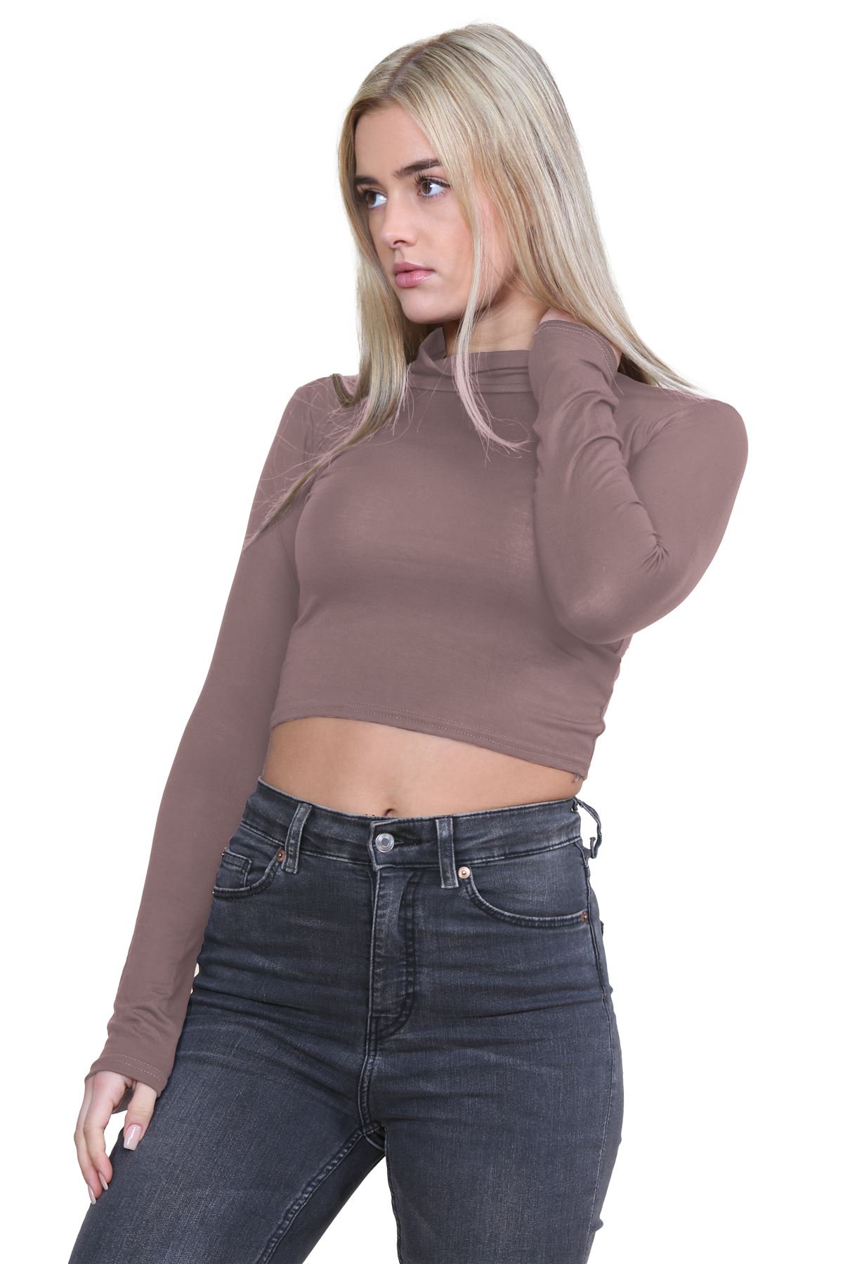 Turtle Neck Crop Top Womens Plain Long Sleeve Stretchy Basic Polo Neck T-Shirt - Picture 57 of 129