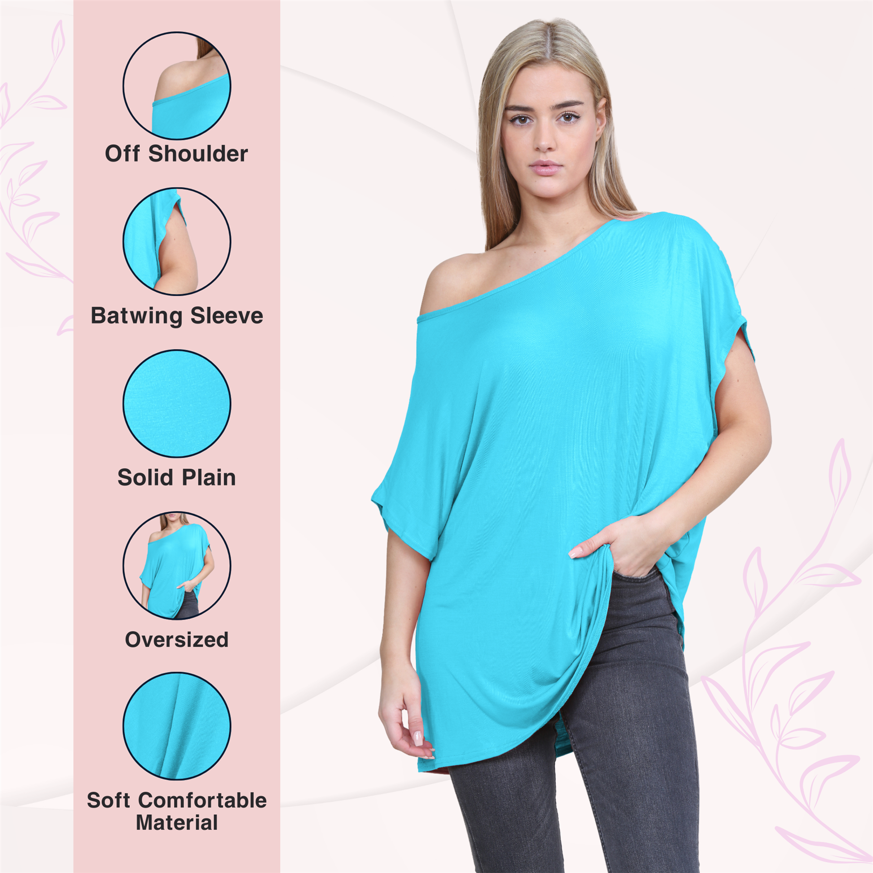 Schulterfreies Damen-T-Shirt Oberteil Fledermausärmel Oversize uni Freizeit Bardot Oberteil - Bild 205 von 225