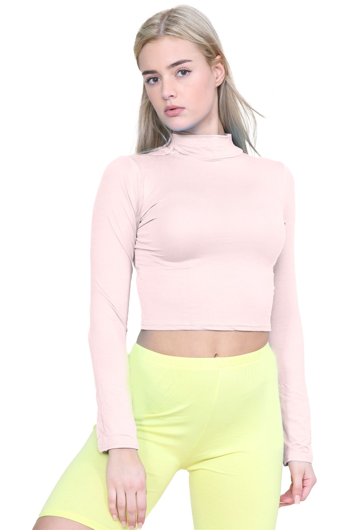 Turtle Neck Crop Top Womens Plain Long Sleeve Stretchy Basic Polo Neck T-Shirt - Picture 62 of 129