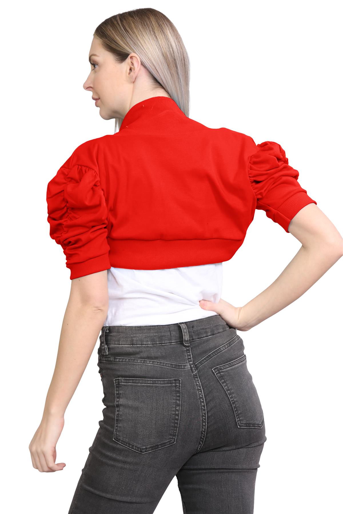 Womens Bolero Shrug Ruched Puff Sleeves Plain Open Cardigan Soft Cotton Crop Top - Picture 78 of 100