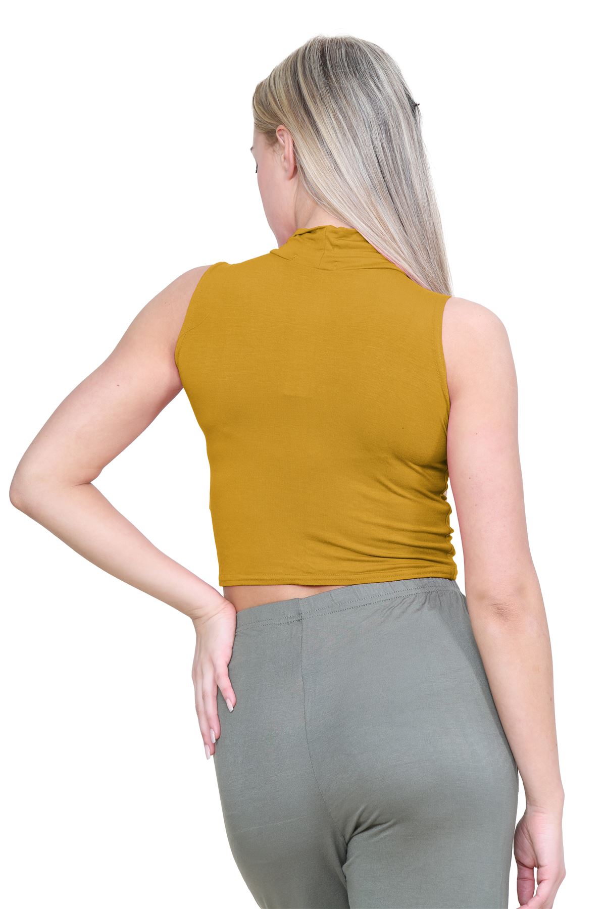 Womens Sleeveless Crop Top Ladies High Turtle Neck Plain Stretchy T-Shirt Vest - Picture 43 of 165