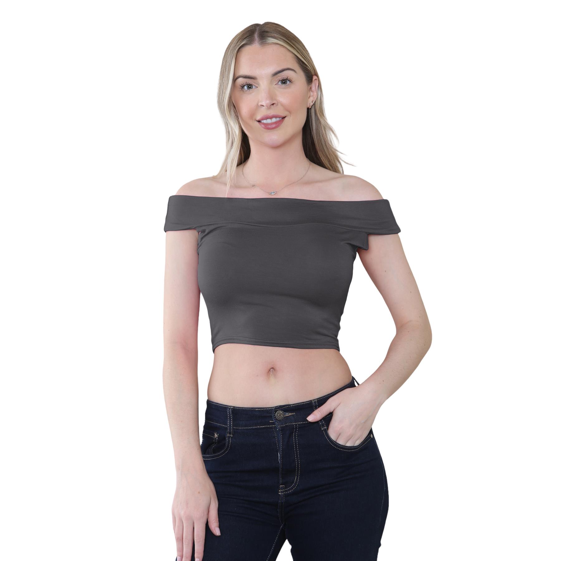 Schulterfreies bauchfreies Damen-T-Shirt Bardot ärmellos schlicht Sommer Freizeit Party - Bild 11 von 71