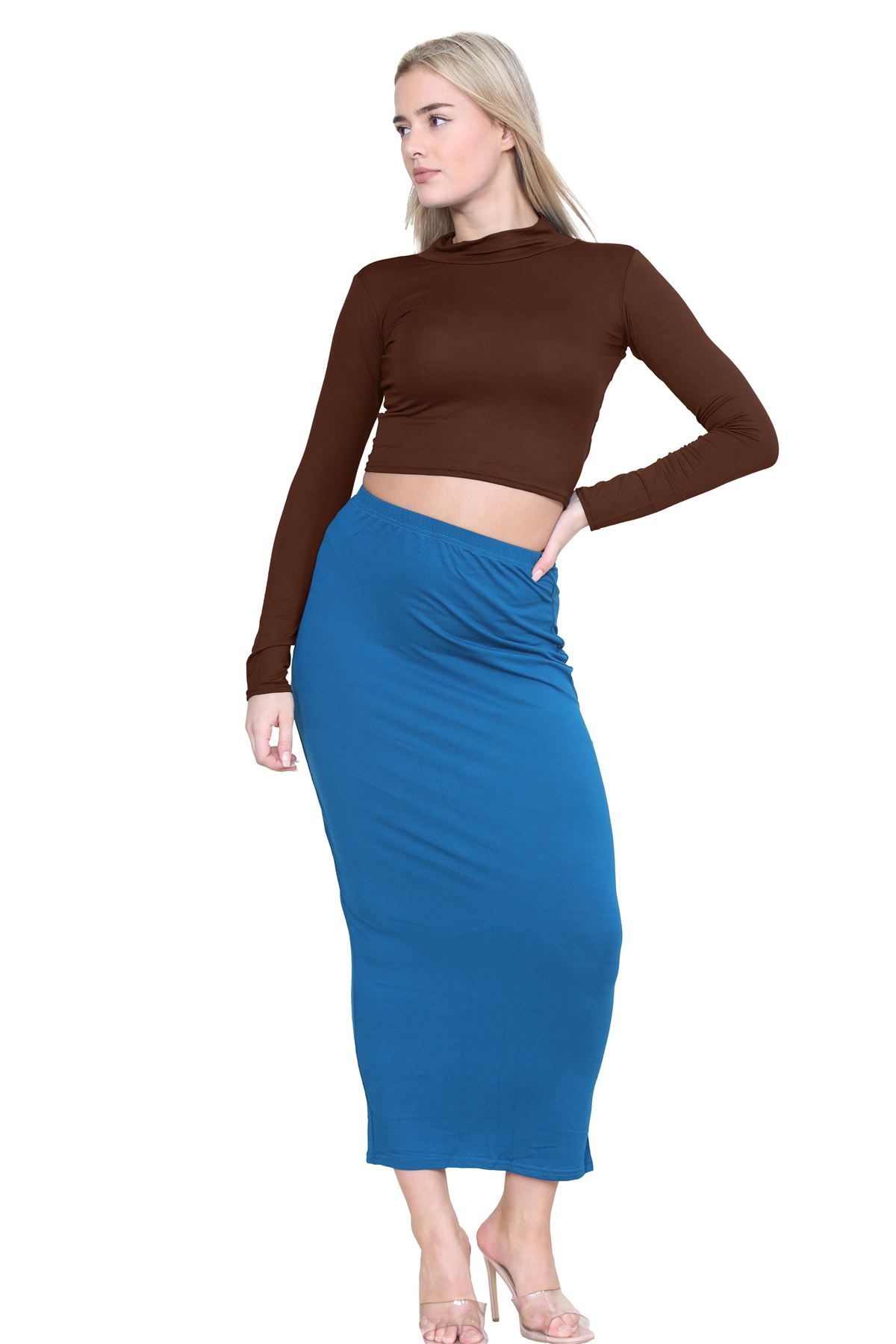 Turtle Neck Crop Top Womens Plain Long Sleeve Stretchy Basic Polo Neck T-Shirt - Picture 16 of 129