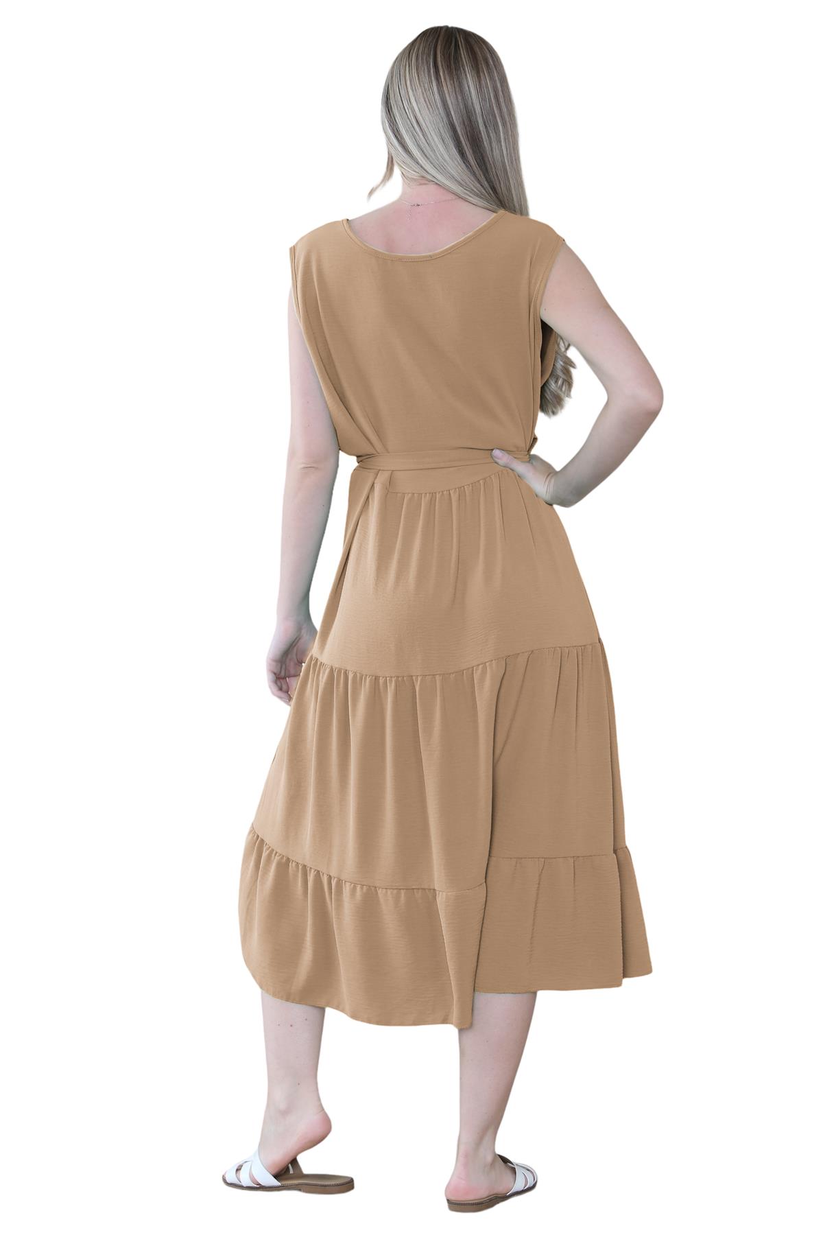 Womens Italian Smock Dress Sleeveless Belted Midi Dress Plain Frill Summer Dress - Picture 31 of 64